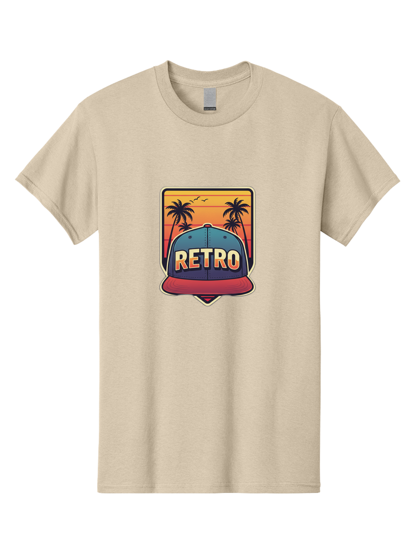 Retro Men'S Graphic Tee, 100% Cotton, Comfortable Casual Summer Wear, Machine Washable, Retro Style Baseball Cap, Vintage Fashion, Nostalgic Design, Palm Trees, Sunset Landscape, Orange Sky, Yellow Text, Red Brim, Blue Cap, Classic Look, Bad489