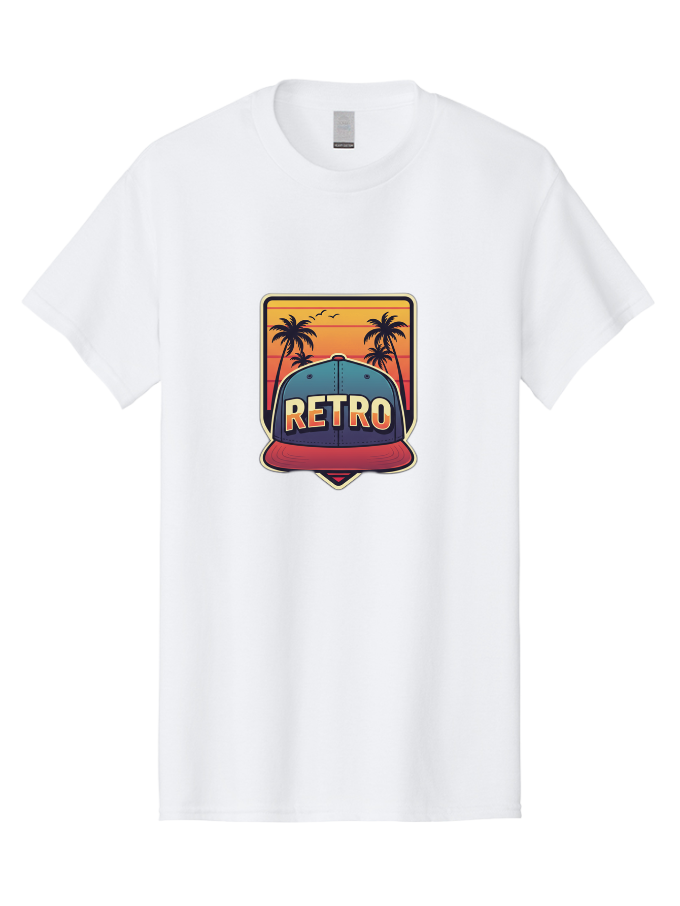 Retro Men'S Graphic Tee, 100% Cotton, Comfortable Casual Summer Wear, Machine Washable, Retro Style Baseball Cap, Vintage Fashion, Nostalgic Design, Palm Trees, Sunset Landscape, Orange Sky, Yellow Text, Red Brim, Blue Cap, Classic Look, Bad489