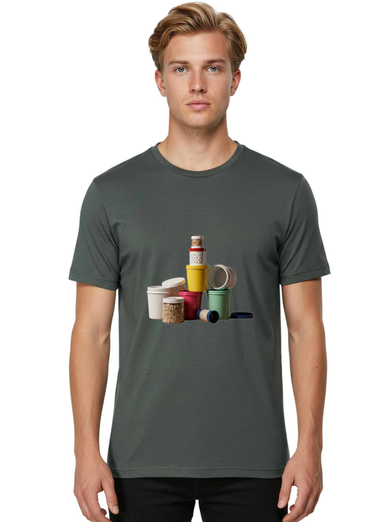 Reusable-Containers Men'S Graphic Tee, 100% Cotton, Comfortable Casual Summer Wear, Machine Washable, Stacked Containers, Colorful Storage, Kitchen Organization, Various Sizes, Open And Closed Lids, Food Storage, Eco-Friendly Packaging, Bad490