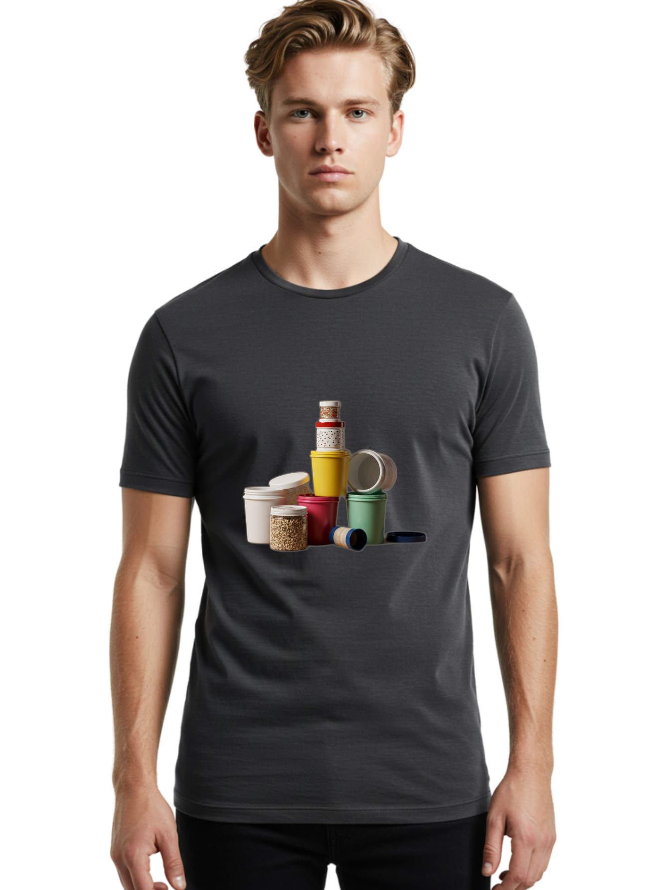 Reusable-Containers Men'S Graphic Tee, 100% Cotton, Comfortable Casual Summer Wear, Machine Washable, Stacked Containers, Colorful Storage, Kitchen Organization, Various Sizes, Open And Closed Lids, Food Storage, Eco-Friendly Packaging, Bad490