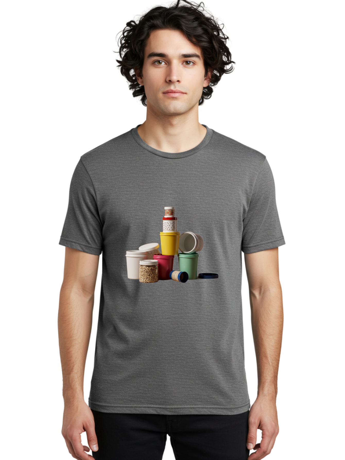 Reusable-Containers Men'S Graphic Tee, 100% Cotton, Comfortable Casual Summer Wear, Machine Washable, Stacked Containers, Colorful Storage, Kitchen Organization, Various Sizes, Open And Closed Lids, Food Storage, Eco-Friendly Packaging, Bad490
