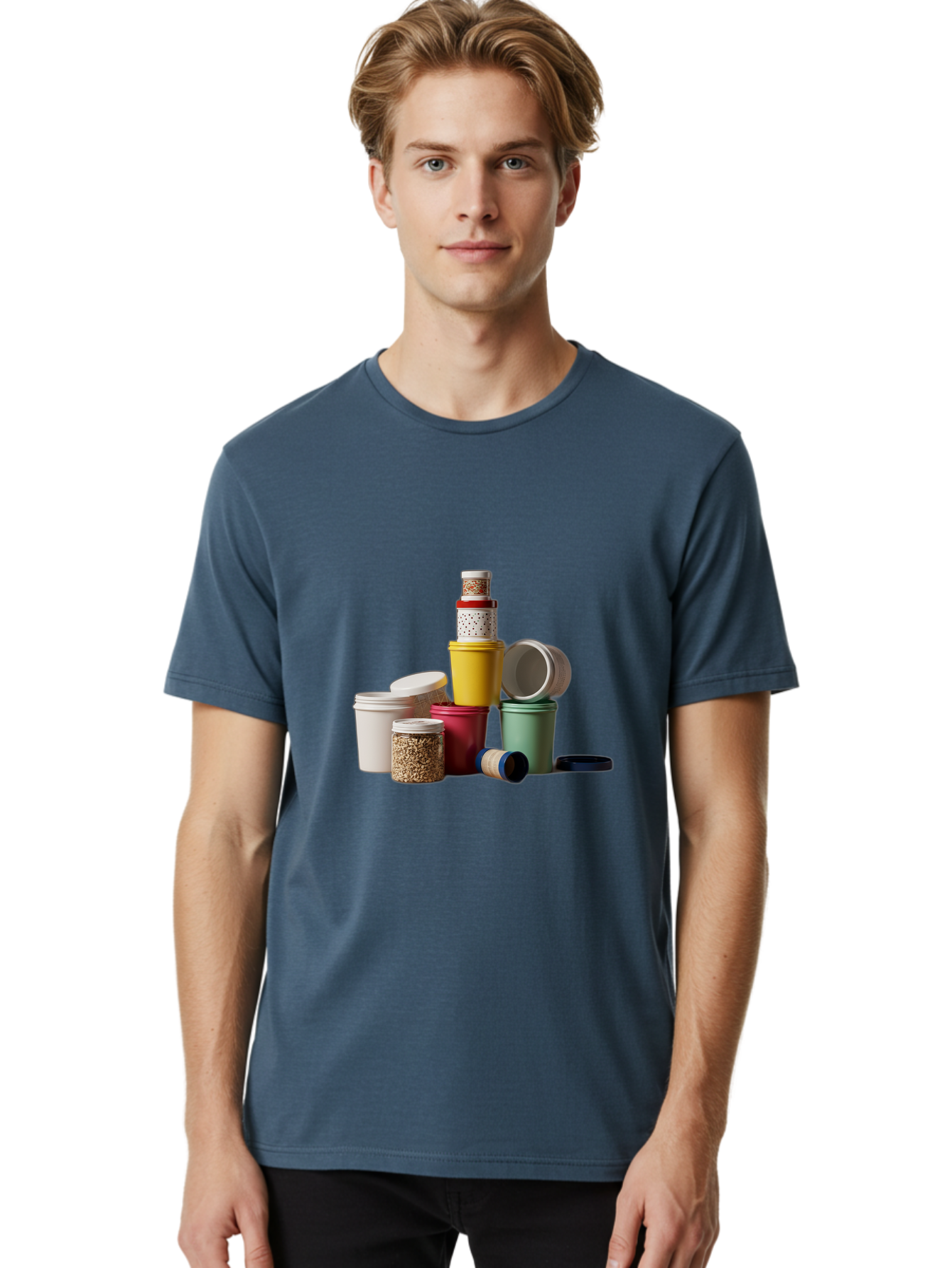 Reusable-Containers Men'S Graphic Tee, 100% Cotton, Comfortable Casual Summer Wear, Machine Washable, Stacked Containers, Colorful Storage, Kitchen Organization, Various Sizes, Open And Closed Lids, Food Storage, Eco-Friendly Packaging, Bad490