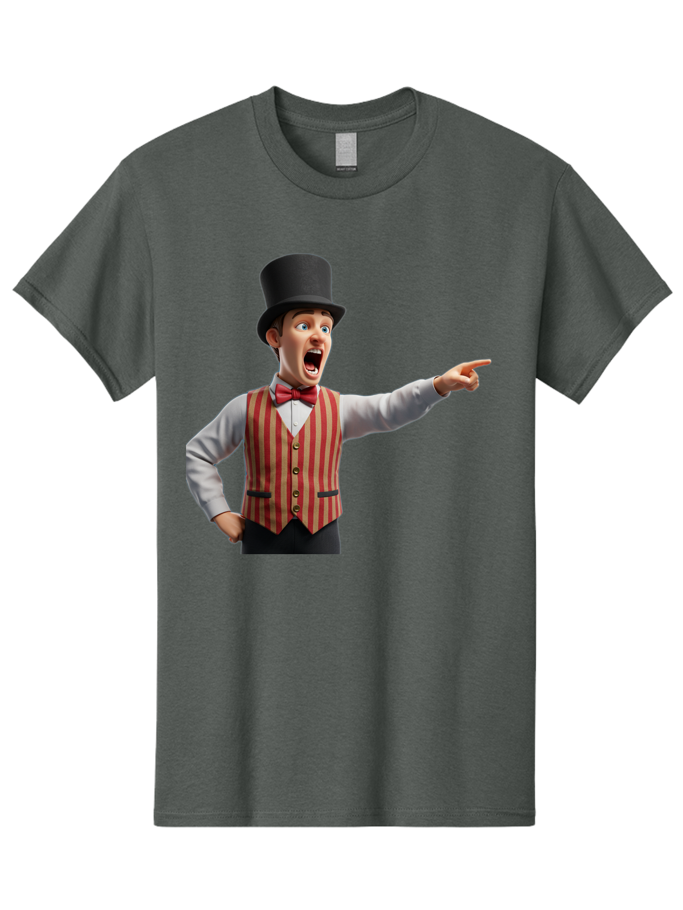 Ringmaster Men'S Graphic Tee, 100% Cotton, Comfortable Casual Summer Wear, Machine Washable, Cartoon Ringmaster, Striped Vest, Top Hat, Bow Tie, Pointing Gesture, Circus Performer, Cartoon Character, Red And White Stripes, Bad491