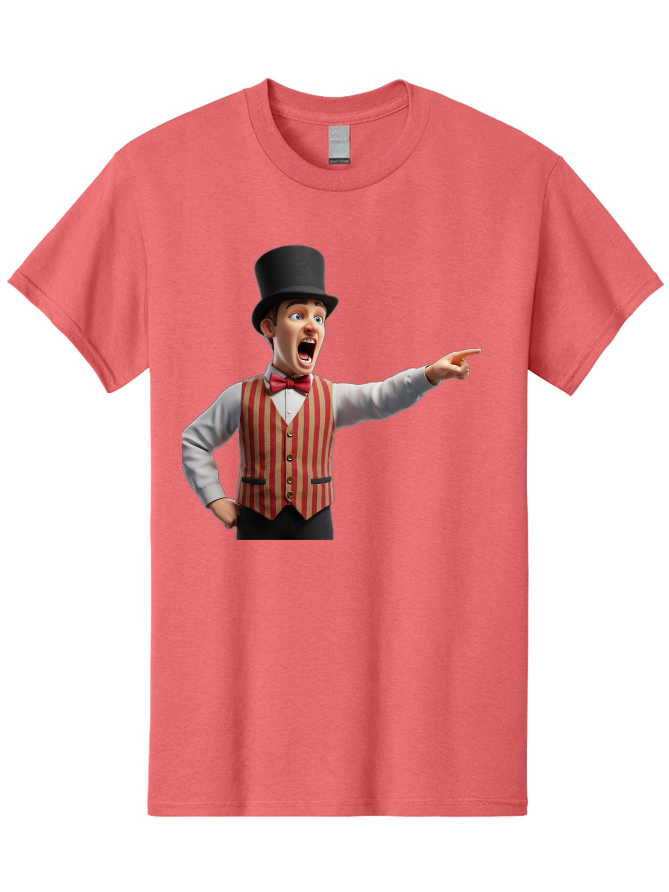 Ringmaster Men'S Graphic Tee, 100% Cotton, Comfortable Casual Summer Wear, Machine Washable, Cartoon Ringmaster, Striped Vest, Top Hat, Bow Tie, Pointing Gesture, Circus Performer, Cartoon Character, Red And White Stripes, Bad491