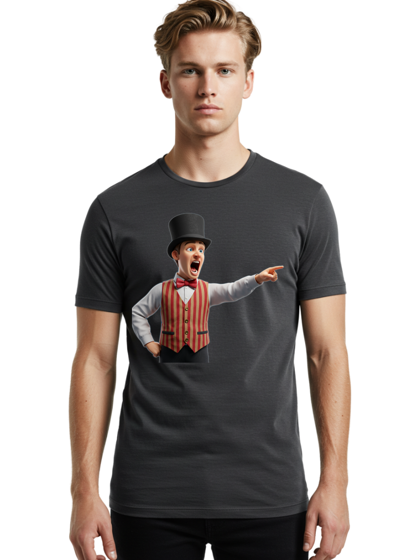 Ringmaster Men'S Graphic Tee, 100% Cotton, Comfortable Casual Summer Wear, Machine Washable, Cartoon Ringmaster, Striped Vest, Top Hat, Bow Tie, Pointing Gesture, Circus Performer, Cartoon Character, Red And White Stripes, Bad491