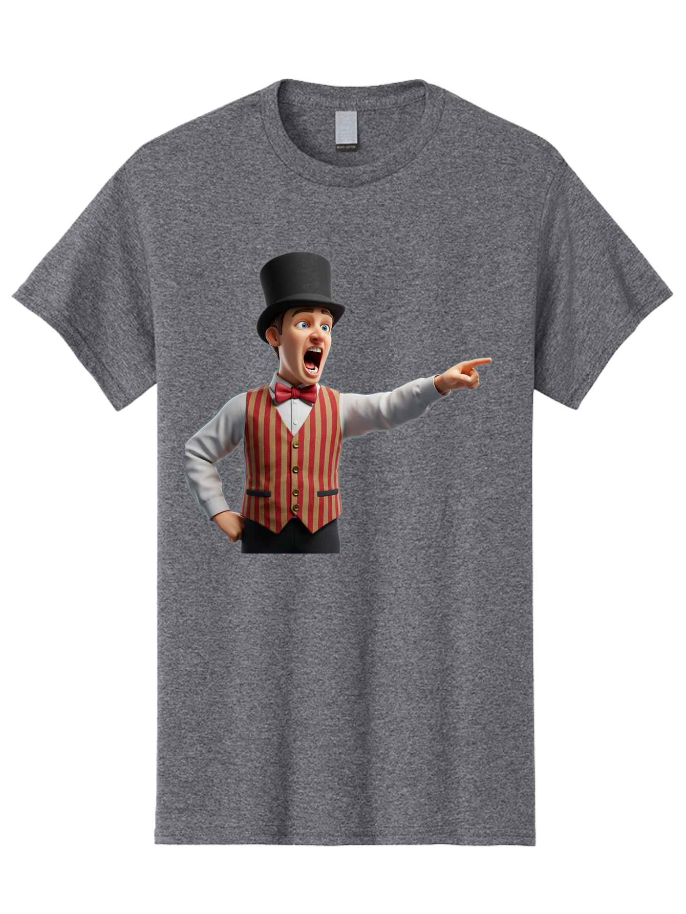 Ringmaster Men'S Graphic Tee, 100% Cotton, Comfortable Casual Summer Wear, Machine Washable, Cartoon Ringmaster, Striped Vest, Top Hat, Bow Tie, Pointing Gesture, Circus Performer, Cartoon Character, Red And White Stripes, Bad491
