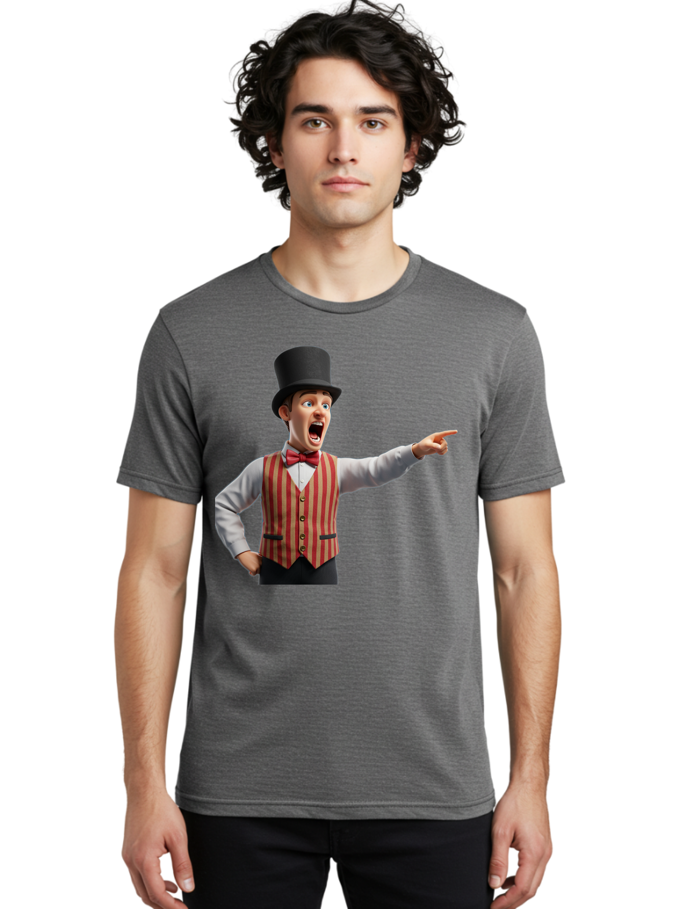 Ringmaster Men'S Graphic Tee, 100% Cotton, Comfortable Casual Summer Wear, Machine Washable, Cartoon Ringmaster, Striped Vest, Top Hat, Bow Tie, Pointing Gesture, Circus Performer, Cartoon Character, Red And White Stripes, Bad491