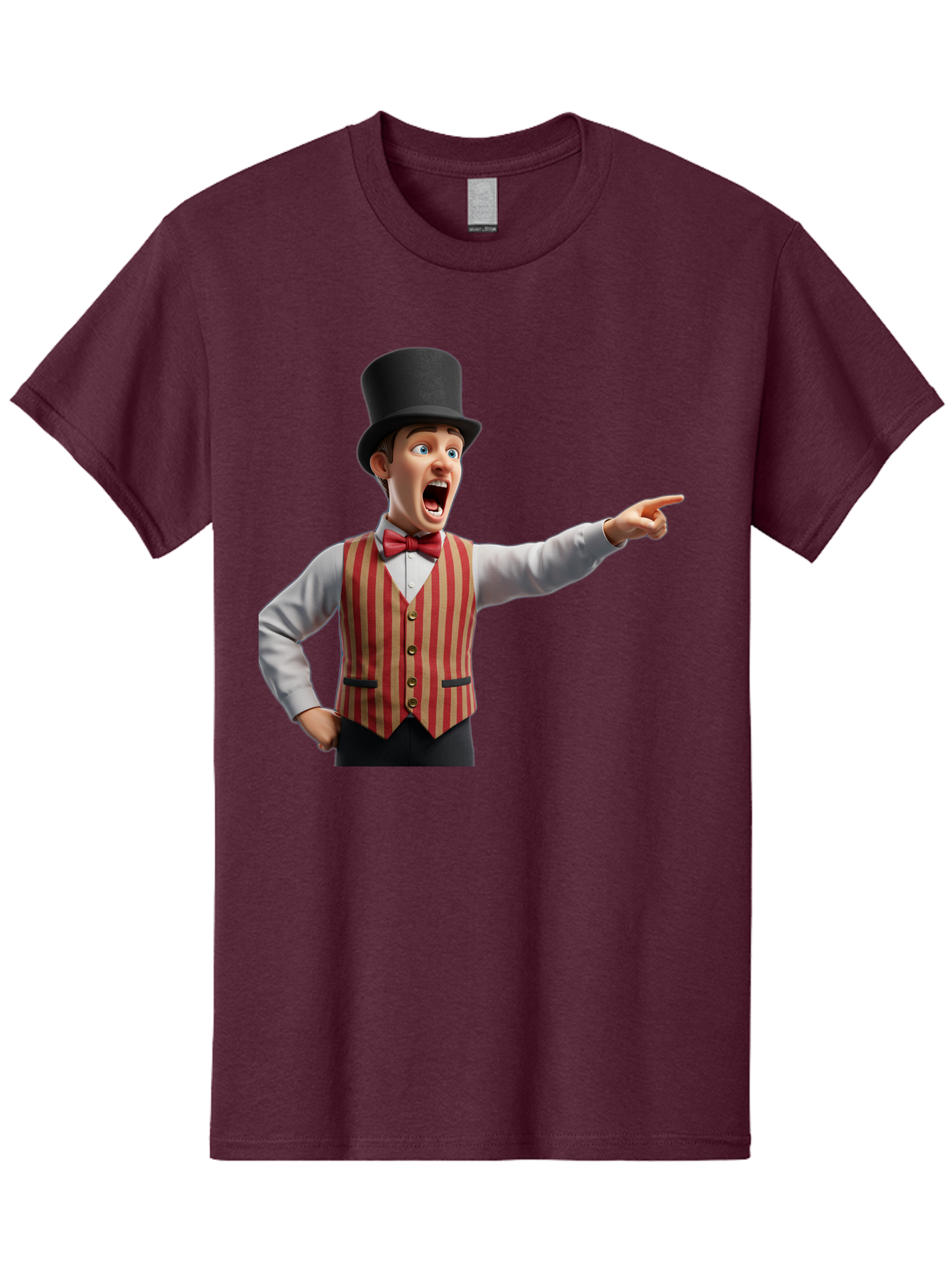 Ringmaster Men'S Graphic Tee, 100% Cotton, Comfortable Casual Summer Wear, Machine Washable, Cartoon Ringmaster, Striped Vest, Top Hat, Bow Tie, Pointing Gesture, Circus Performer, Cartoon Character, Red And White Stripes, Bad491