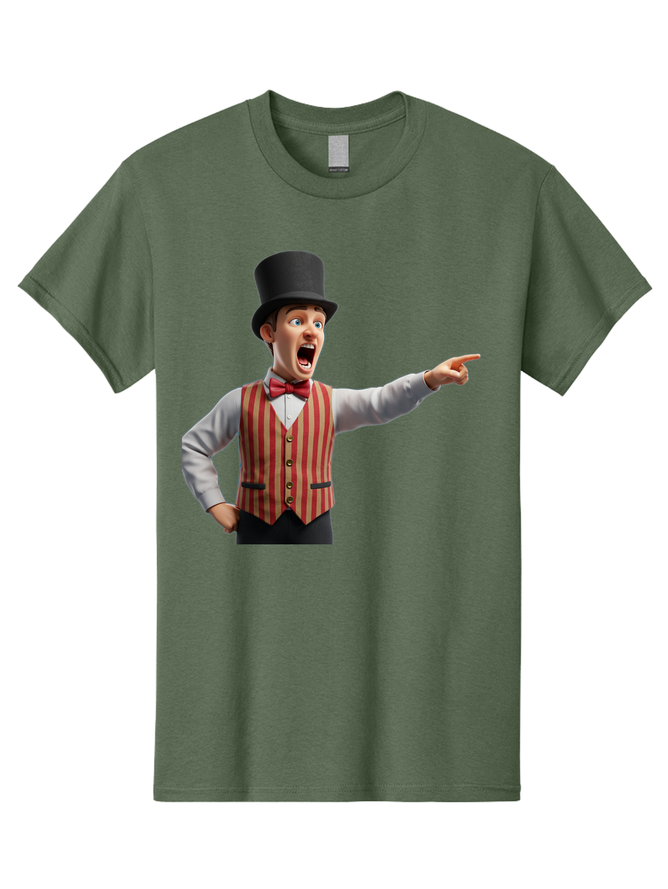Ringmaster Men'S Graphic Tee, 100% Cotton, Comfortable Casual Summer Wear, Machine Washable, Cartoon Ringmaster, Striped Vest, Top Hat, Bow Tie, Pointing Gesture, Circus Performer, Cartoon Character, Red And White Stripes, Bad491
