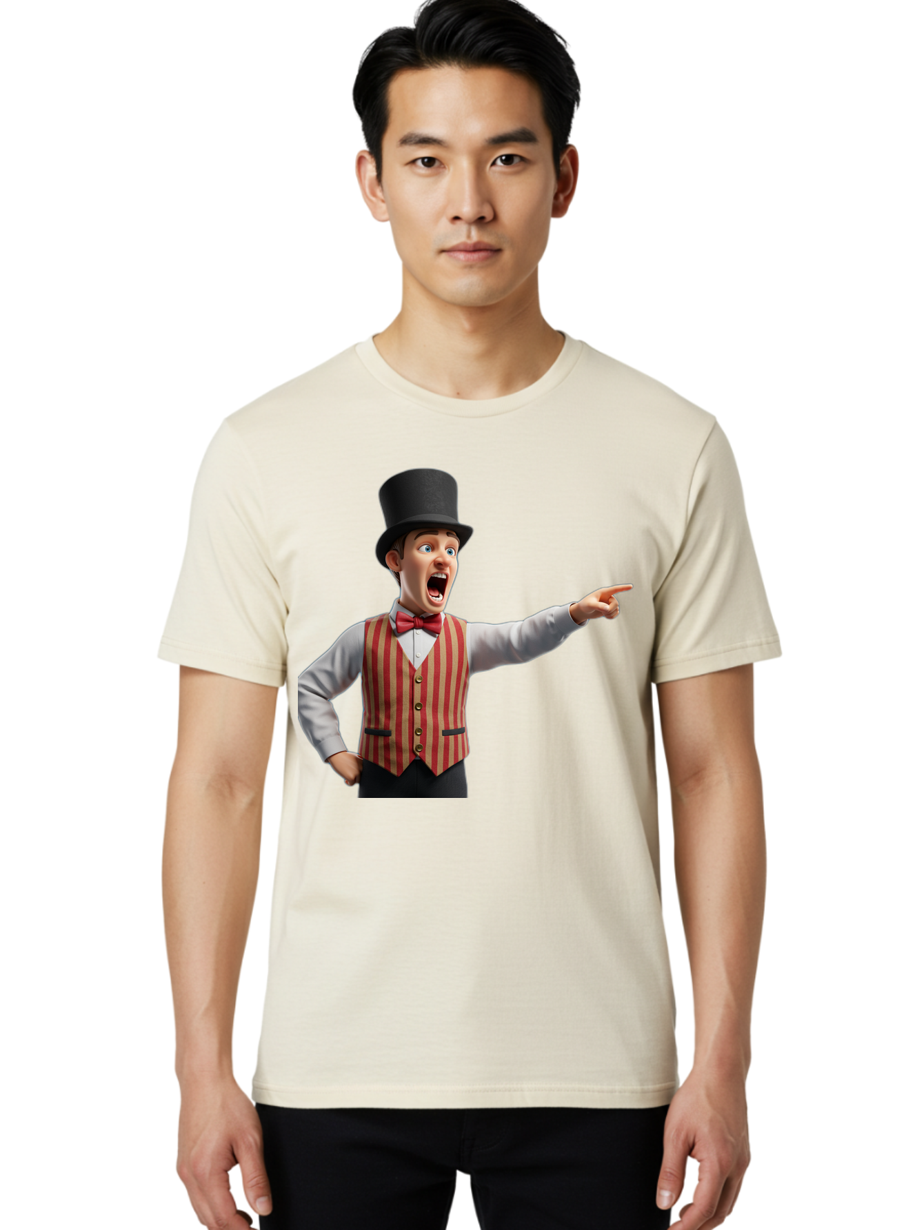 Ringmaster Men'S Graphic Tee, 100% Cotton, Comfortable Casual Summer Wear, Machine Washable, Cartoon Ringmaster, Striped Vest, Top Hat, Bow Tie, Pointing Gesture, Circus Performer, Cartoon Character, Red And White Stripes, Bad491