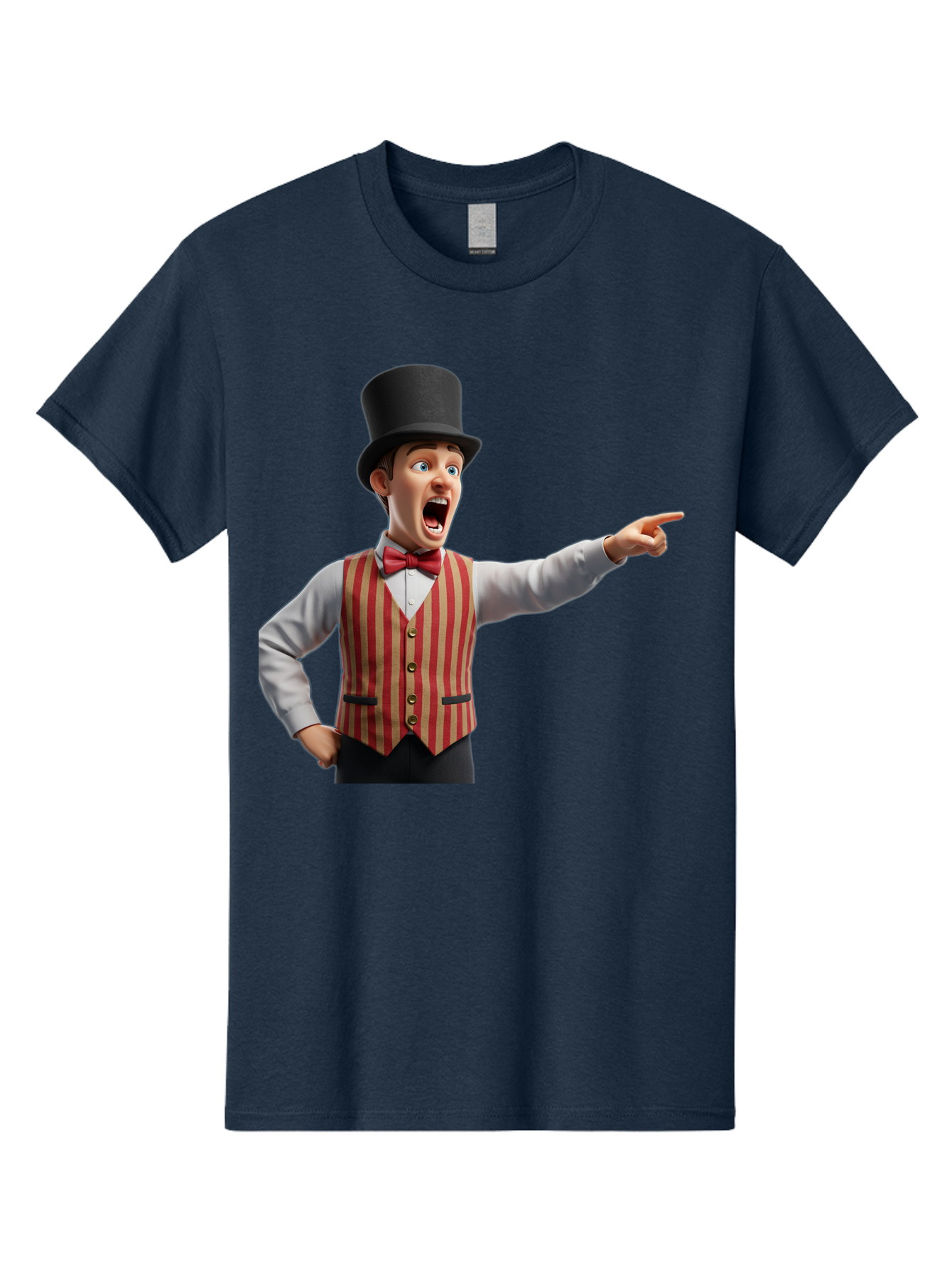 Ringmaster Men'S Graphic Tee, 100% Cotton, Comfortable Casual Summer Wear, Machine Washable, Cartoon Ringmaster, Striped Vest, Top Hat, Bow Tie, Pointing Gesture, Circus Performer, Cartoon Character, Red And White Stripes, Bad491
