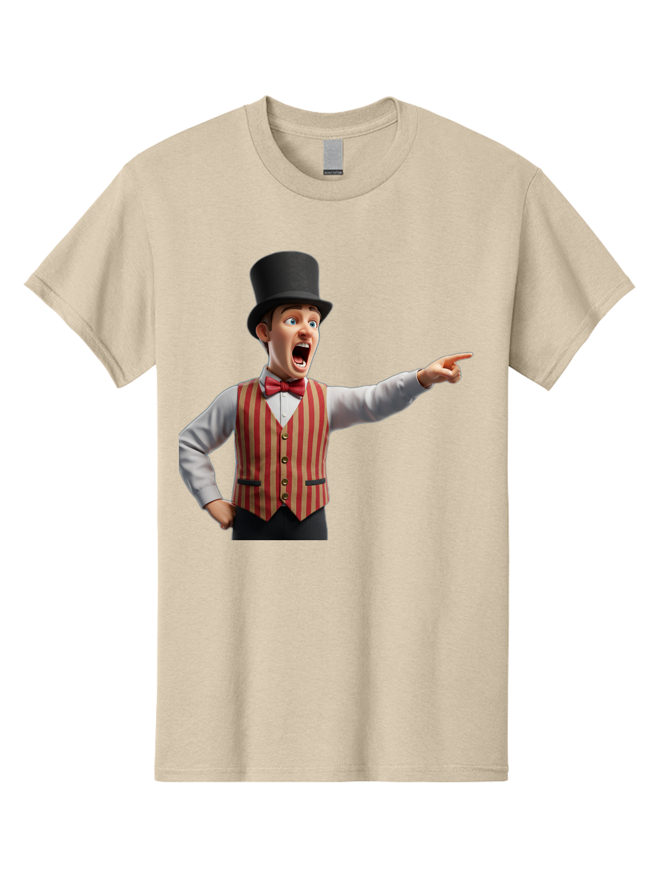 Ringmaster Men'S Graphic Tee, 100% Cotton, Comfortable Casual Summer Wear, Machine Washable, Cartoon Ringmaster, Striped Vest, Top Hat, Bow Tie, Pointing Gesture, Circus Performer, Cartoon Character, Red And White Stripes, Bad491