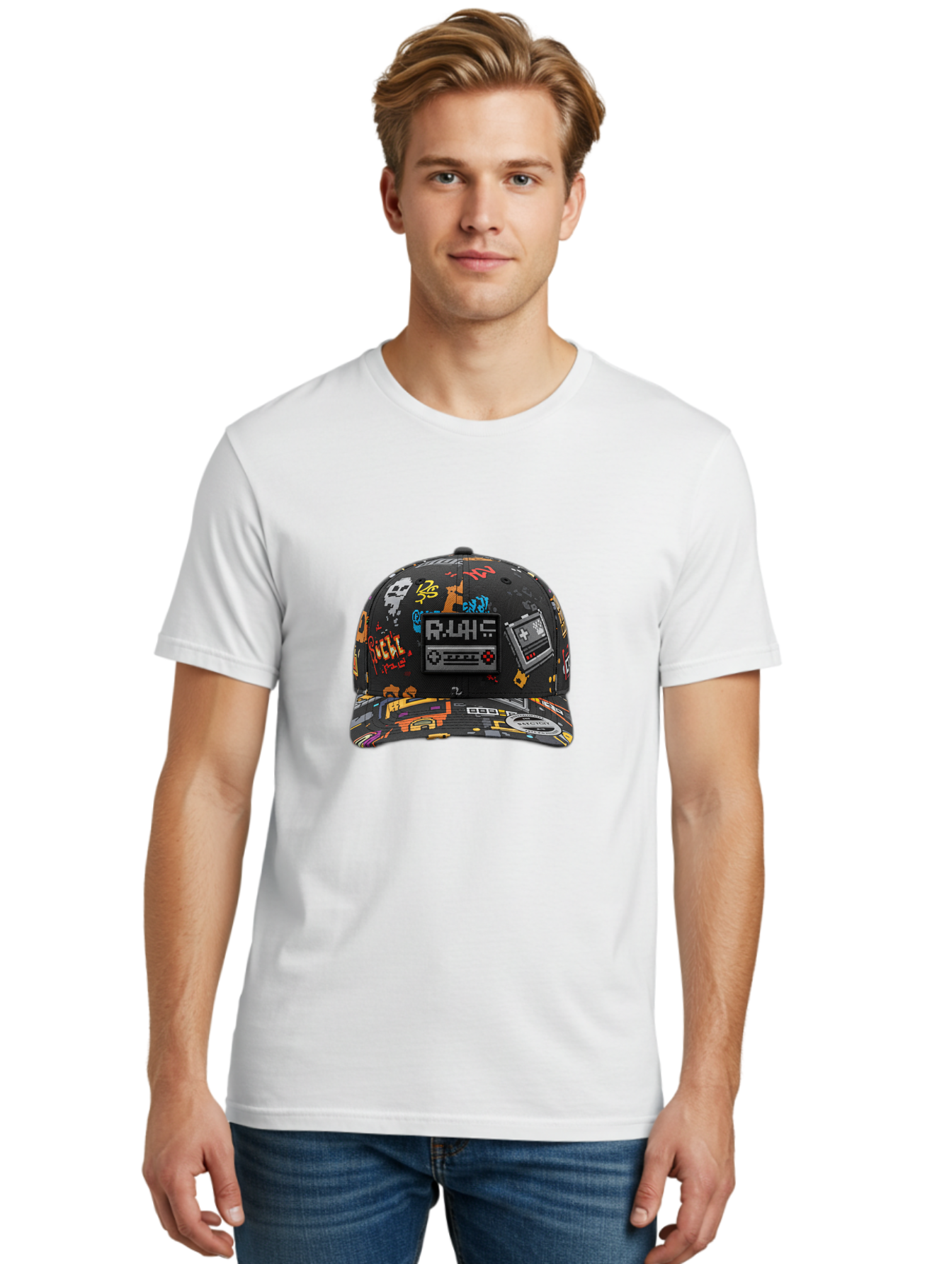 Rlyr-Baseball-Cap Men'S Graphic Tee, 100% Cotton, Comfortable Casual Summer Wear, Machine Washable, Rlyr Baseball Cap, Gaming Hat, Streetwear Fashion, Retro Gaming, Graffiti Style, Bold Graphics, Video Game Controller, Cassette Tape Design Bad492