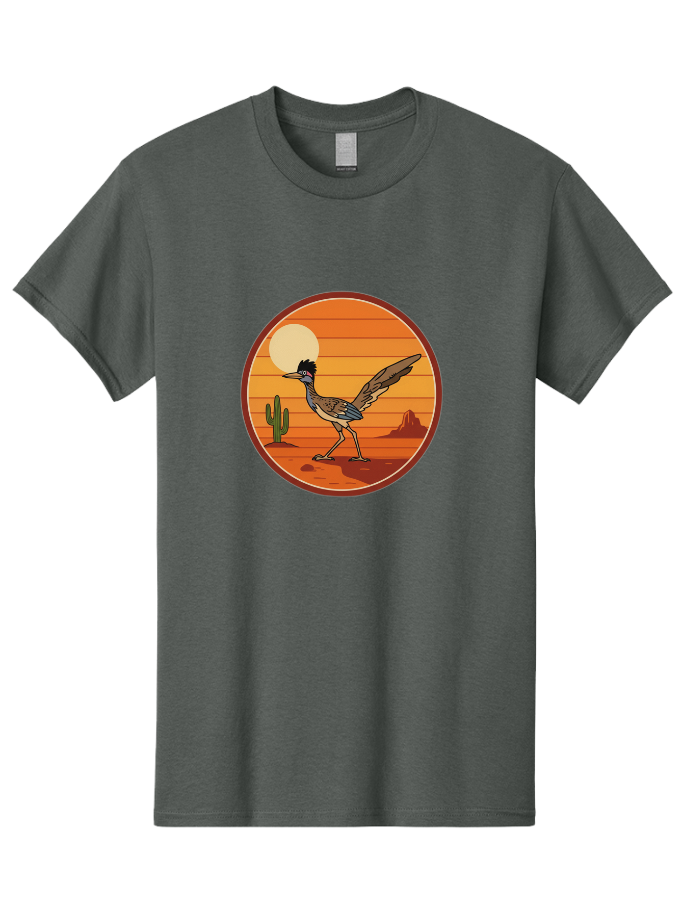 Roadrunner-Desert-Sunset Men'S Graphic Tee, 100% Cotton, Comfortable Casual Summer Wear, Machine Washable, Roadrunner In The Desert, Desert Sunset, Southwestern Landscape, Cactus, Rocky Terrain, Full Moon, Roadrunner Illustration, Bad493