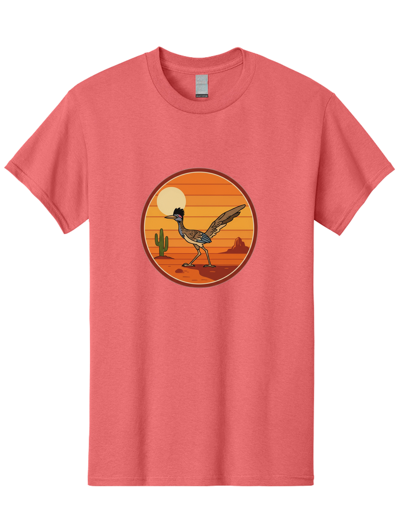 Roadrunner-Desert-Sunset Men'S Graphic Tee, 100% Cotton, Comfortable Casual Summer Wear, Machine Washable, Roadrunner In The Desert, Desert Sunset, Southwestern Landscape, Cactus, Rocky Terrain, Full Moon, Roadrunner Illustration, Bad493