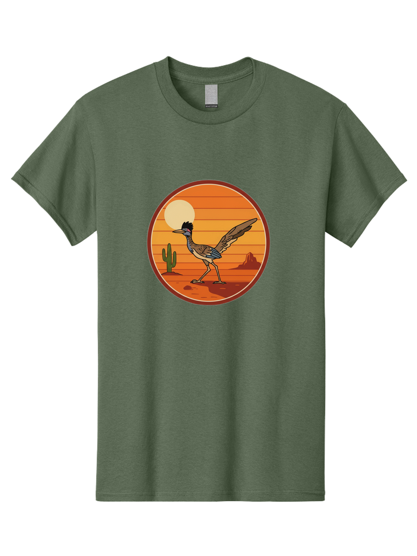 Roadrunner-Desert-Sunset Men'S Graphic Tee, 100% Cotton, Comfortable Casual Summer Wear, Machine Washable, Roadrunner In The Desert, Desert Sunset, Southwestern Landscape, Cactus, Rocky Terrain, Full Moon, Roadrunner Illustration, Bad493
