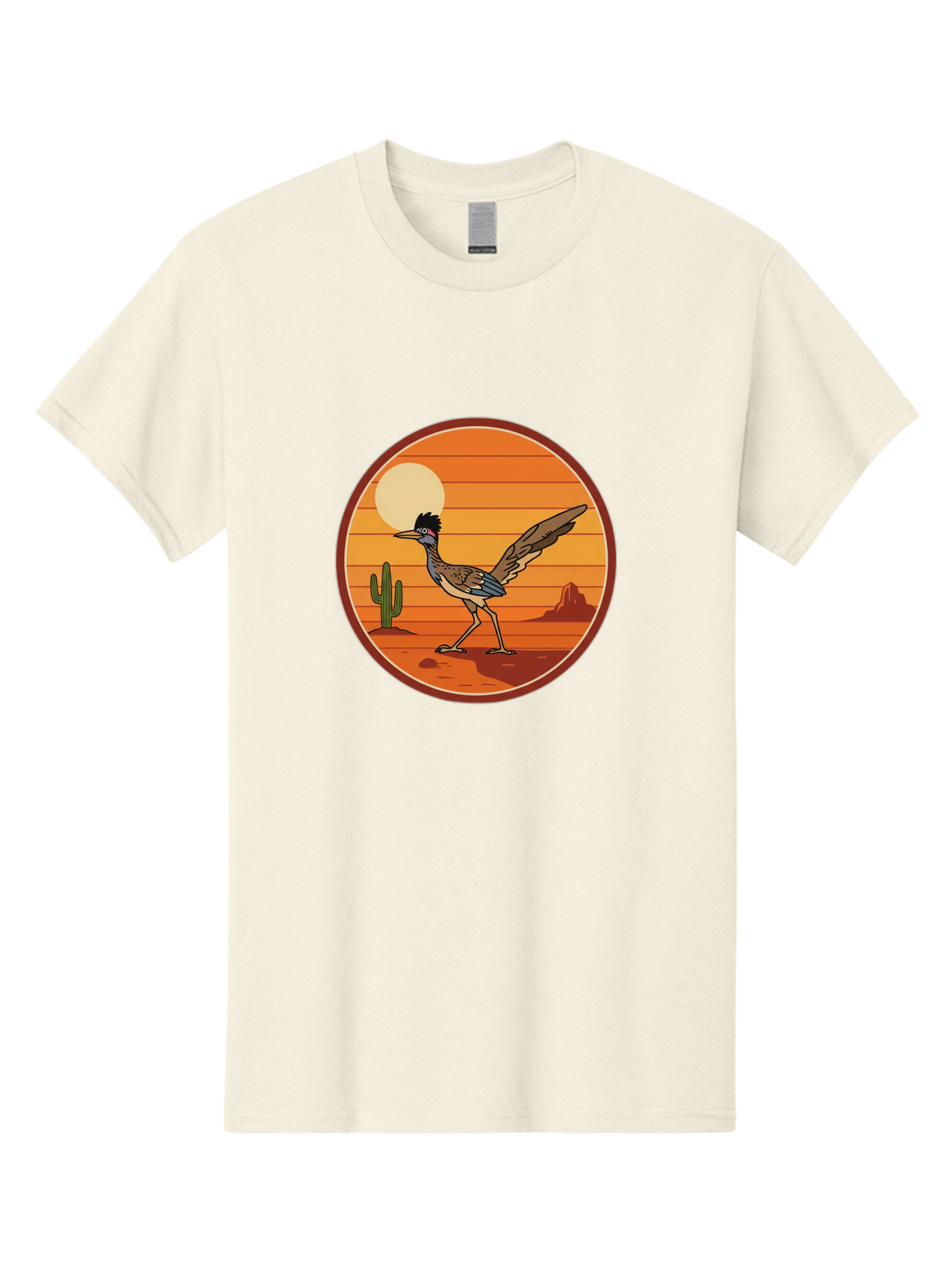 Roadrunner-Desert-Sunset Men'S Graphic Tee, 100% Cotton, Comfortable Casual Summer Wear, Machine Washable, Roadrunner In The Desert, Desert Sunset, Southwestern Landscape, Cactus, Rocky Terrain, Full Moon, Roadrunner Illustration, Bad493