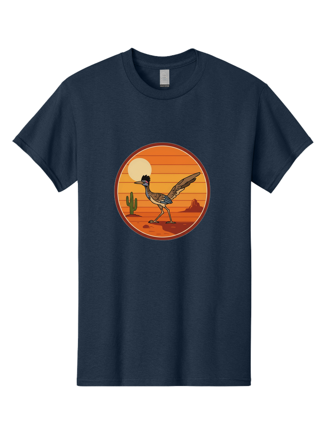 Roadrunner-Desert-Sunset Men'S Graphic Tee, 100% Cotton, Comfortable Casual Summer Wear, Machine Washable, Roadrunner In The Desert, Desert Sunset, Southwestern Landscape, Cactus, Rocky Terrain, Full Moon, Roadrunner Illustration, Bad493