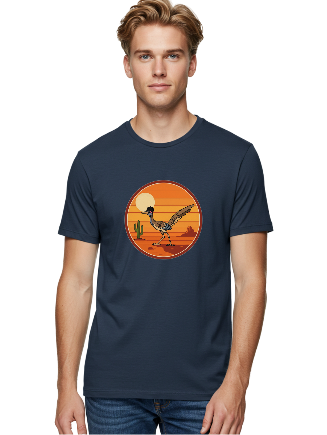 Roadrunner-Desert-Sunset Men'S Graphic Tee, 100% Cotton, Comfortable Casual Summer Wear, Machine Washable, Roadrunner In The Desert, Desert Sunset, Southwestern Landscape, Cactus, Rocky Terrain, Full Moon, Roadrunner Illustration, Bad493
