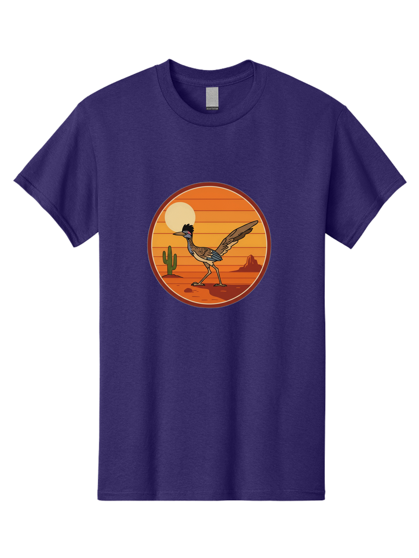Roadrunner-Desert-Sunset Men'S Graphic Tee, 100% Cotton, Comfortable Casual Summer Wear, Machine Washable, Roadrunner In The Desert, Desert Sunset, Southwestern Landscape, Cactus, Rocky Terrain, Full Moon, Roadrunner Illustration, Bad493