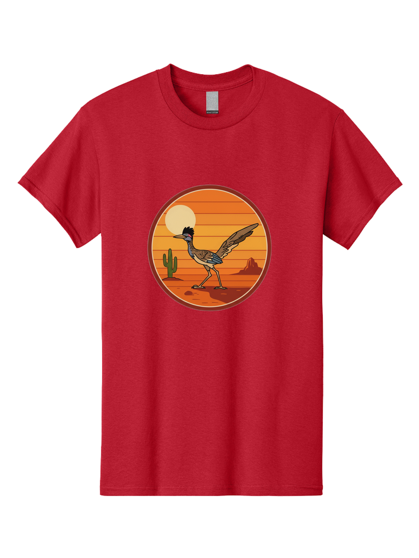 Roadrunner-Desert-Sunset Men'S Graphic Tee, 100% Cotton, Comfortable Casual Summer Wear, Machine Washable, Roadrunner In The Desert, Desert Sunset, Southwestern Landscape, Cactus, Rocky Terrain, Full Moon, Roadrunner Illustration, Bad493