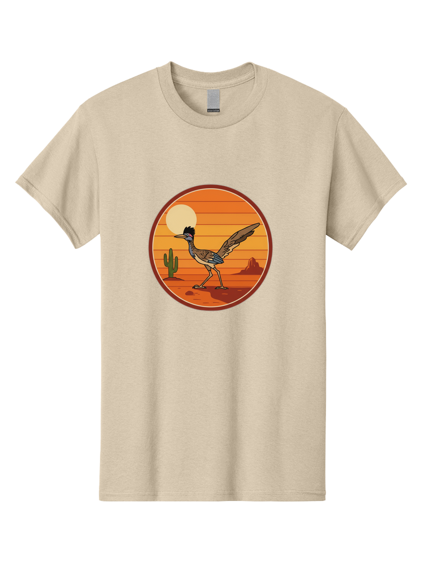Roadrunner-Desert-Sunset Men'S Graphic Tee, 100% Cotton, Comfortable Casual Summer Wear, Machine Washable, Roadrunner In The Desert, Desert Sunset, Southwestern Landscape, Cactus, Rocky Terrain, Full Moon, Roadrunner Illustration, Bad493