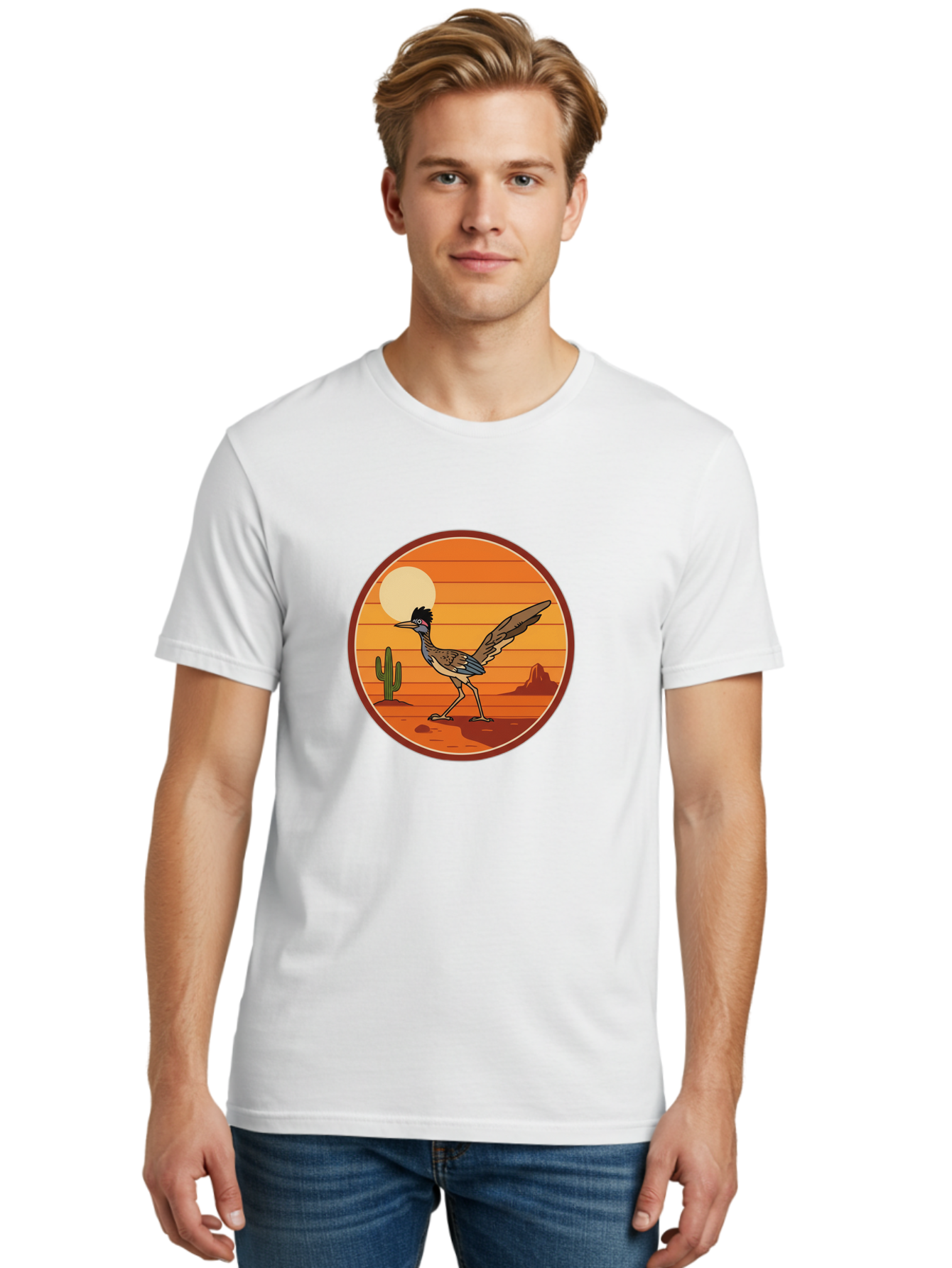 Roadrunner-Desert-Sunset Men'S Graphic Tee, 100% Cotton, Comfortable Casual Summer Wear, Machine Washable, Roadrunner In The Desert, Desert Sunset, Southwestern Landscape, Cactus, Rocky Terrain, Full Moon, Roadrunner Illustration, Bad493