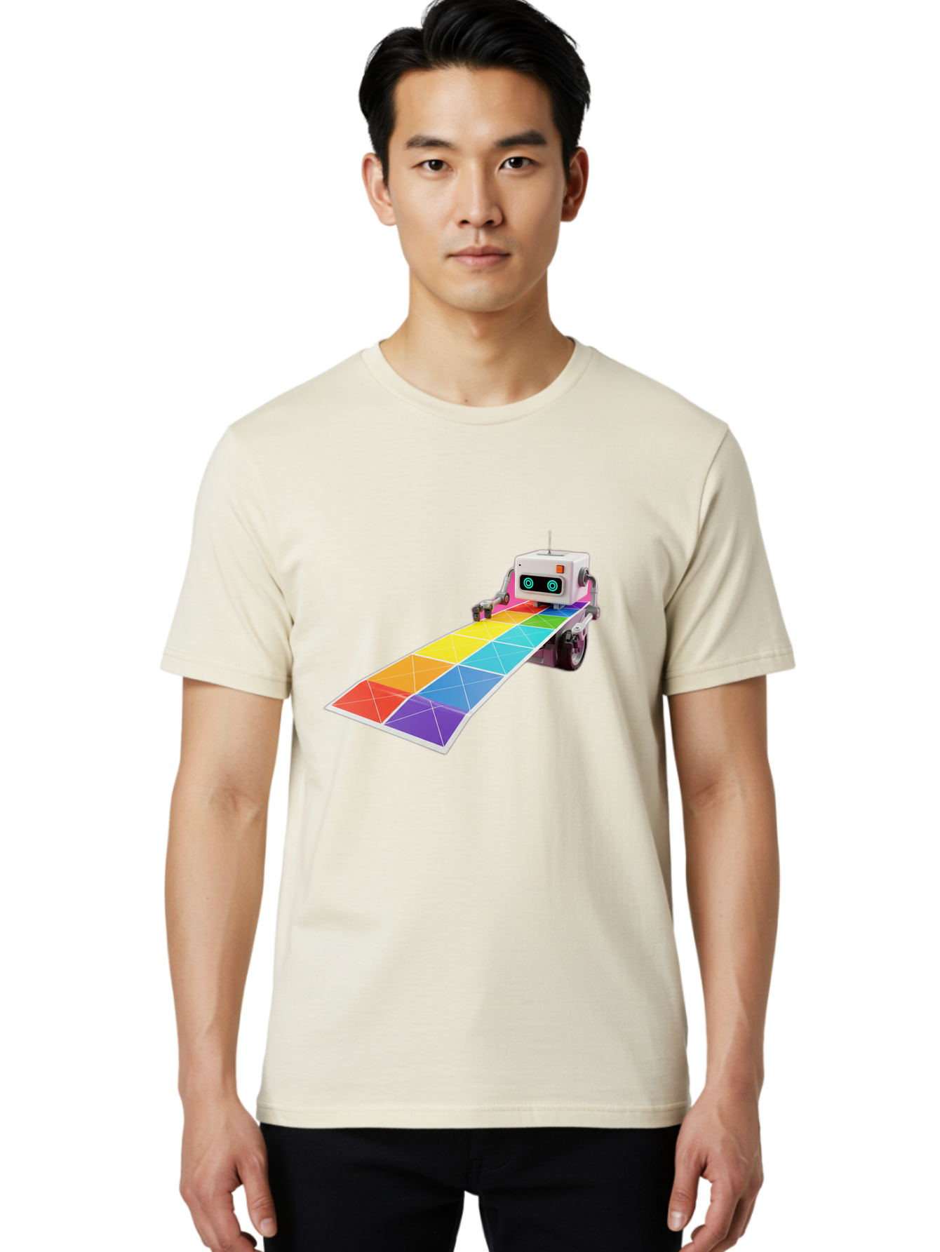 Robot-Dj-Booth Men'S Graphic Tee, 100% Cotton, Comfortable Casual Summer Wear, Machine Washable, Robot Dj, Colorful Turntable, Rainbow-Colored Dj Deck, Music Production, Electronic Dance Music, Futuristic Technology, Dance Floor Vibes, Bad494