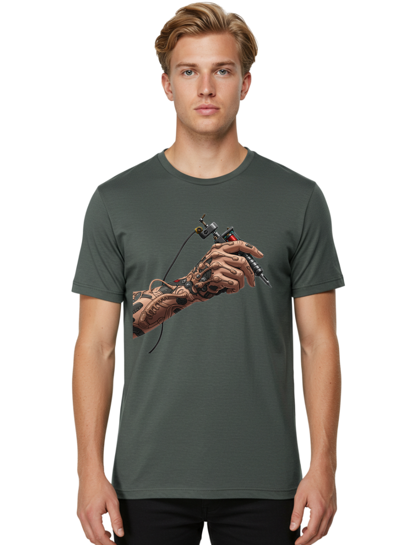 Robot-Hand-Tattoo-Machine Men'S Graphic Tee, 100% Cotton, Comfortable Casual Summer Wear, Machine Washable, Robotic Hand, Tattoo Machine, Mechanical Arm, Futuristic Art, Tattoo Artist, Robotic Precision, Mechanical Limb, Tattoo Design Bad495
