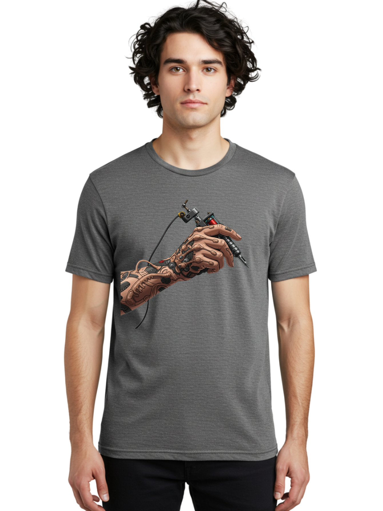 Robot-Hand-Tattoo-Machine Men'S Graphic Tee, 100% Cotton, Comfortable Casual Summer Wear, Machine Washable, Robotic Hand, Tattoo Machine, Mechanical Arm, Futuristic Art, Tattoo Artist, Robotic Precision, Mechanical Limb, Tattoo Design Bad495