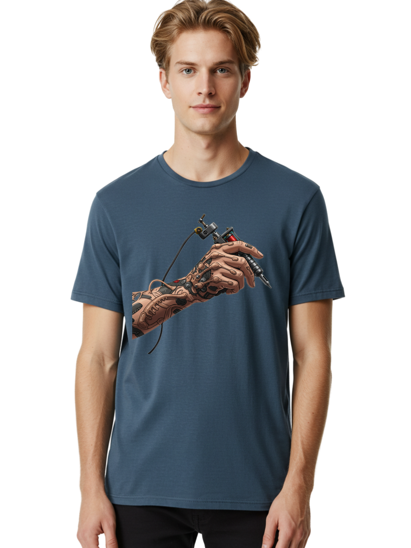 Robot-Hand-Tattoo-Machine Men'S Graphic Tee, 100% Cotton, Comfortable Casual Summer Wear, Machine Washable, Robotic Hand, Tattoo Machine, Mechanical Arm, Futuristic Art, Tattoo Artist, Robotic Precision, Mechanical Limb, Tattoo Design Bad495