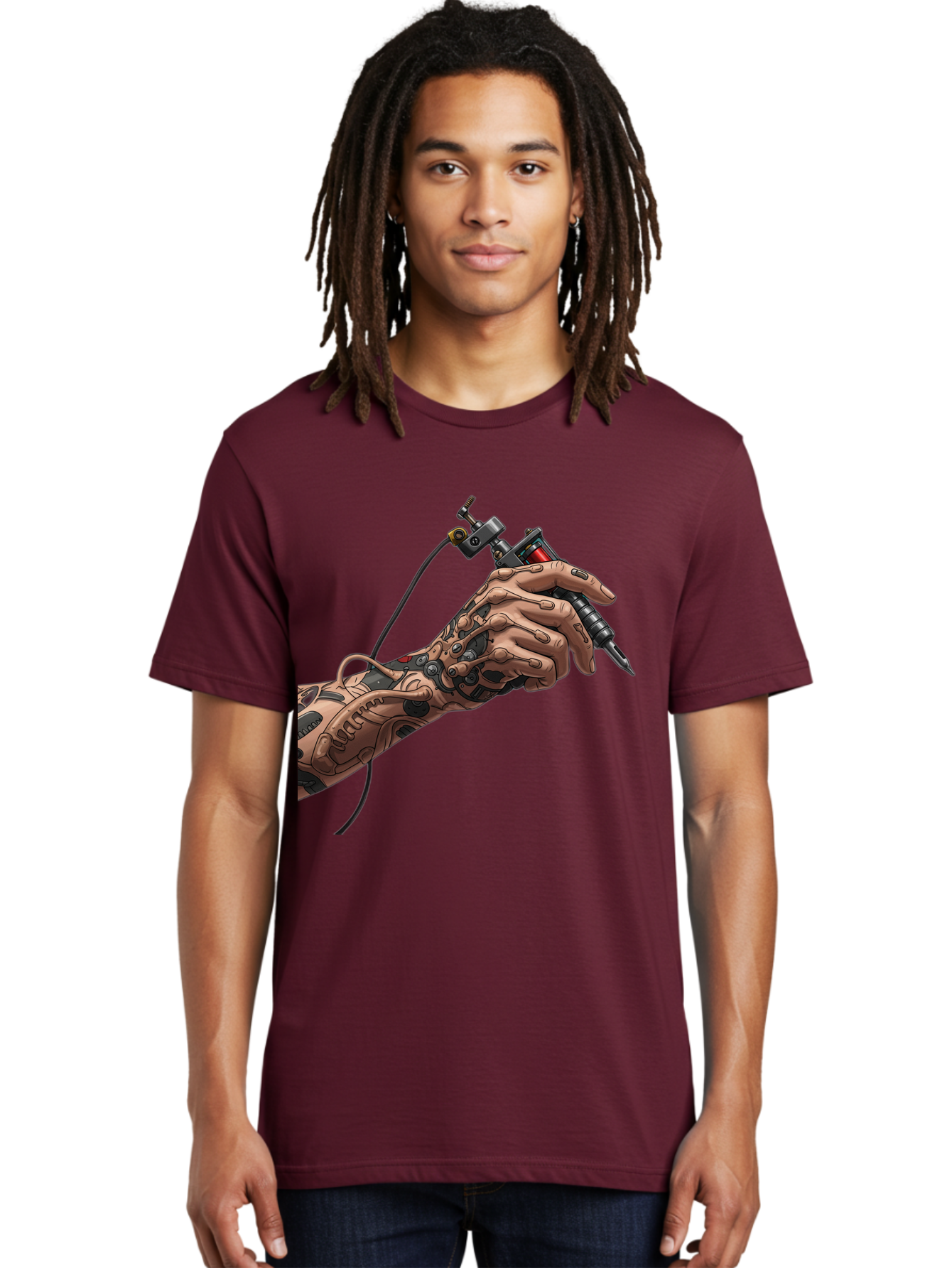 Robot-Hand-Tattoo-Machine Men'S Graphic Tee, 100% Cotton, Comfortable Casual Summer Wear, Machine Washable, Robotic Hand, Tattoo Machine, Mechanical Arm, Futuristic Art, Tattoo Artist, Robotic Precision, Mechanical Limb, Tattoo Design Bad495