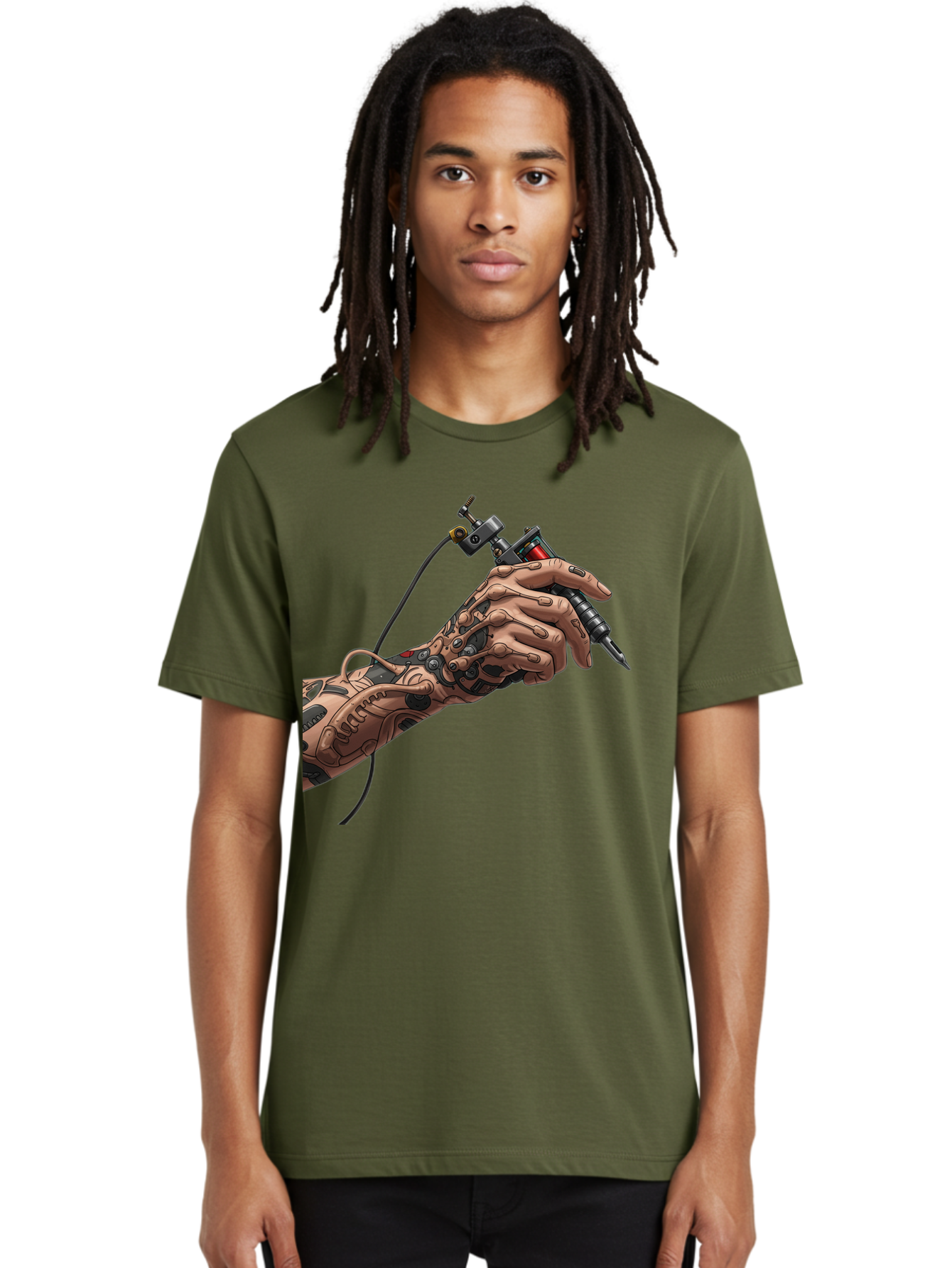 Robot-Hand-Tattoo-Machine Men'S Graphic Tee, 100% Cotton, Comfortable Casual Summer Wear, Machine Washable, Robotic Hand, Tattoo Machine, Mechanical Arm, Futuristic Art, Tattoo Artist, Robotic Precision, Mechanical Limb, Tattoo Design Bad495
