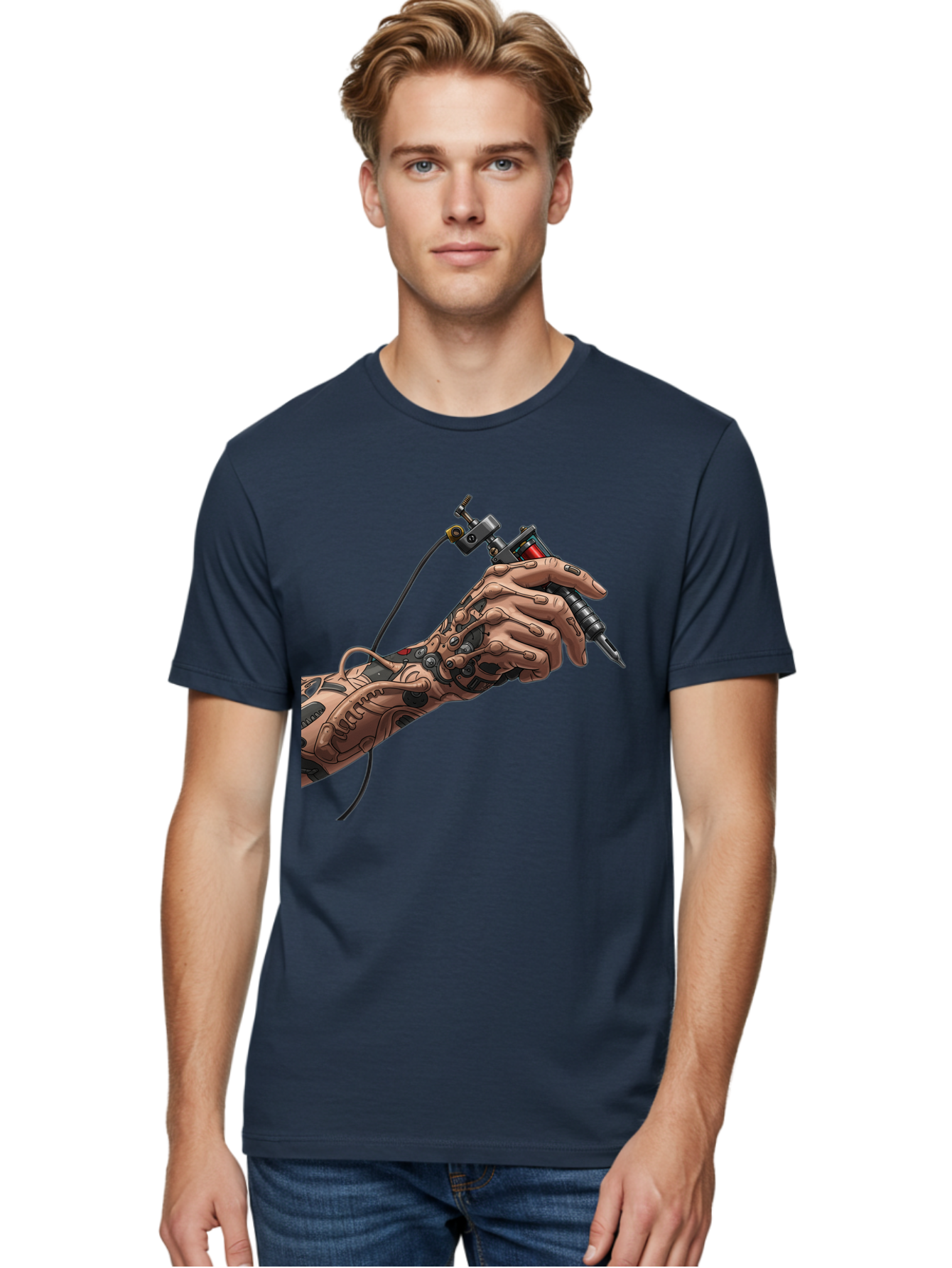 Robot-Hand-Tattoo-Machine Men'S Graphic Tee, 100% Cotton, Comfortable Casual Summer Wear, Machine Washable, Robotic Hand, Tattoo Machine, Mechanical Arm, Futuristic Art, Tattoo Artist, Robotic Precision, Mechanical Limb, Tattoo Design Bad495