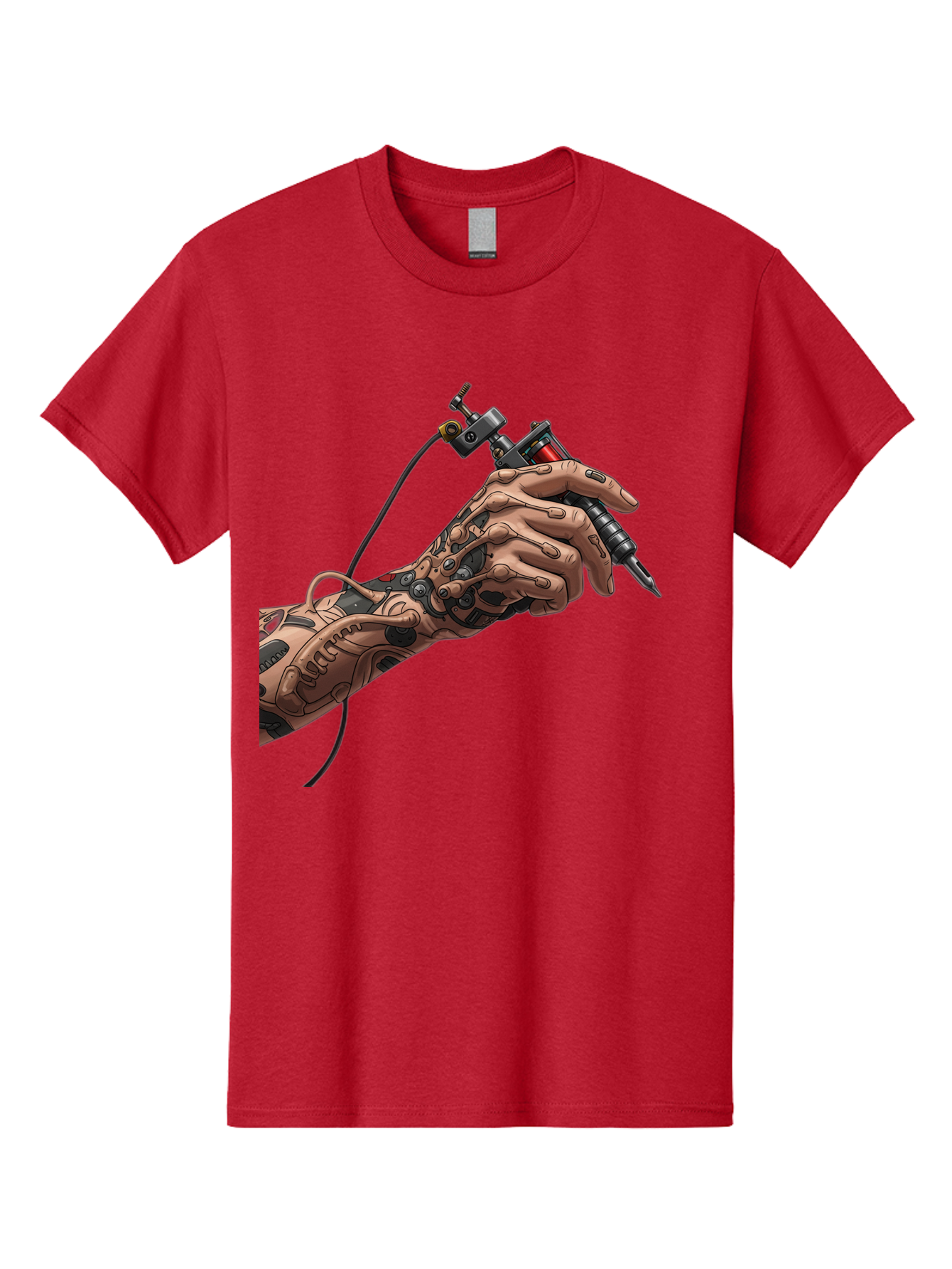 Robot-Hand-Tattoo-Machine Men'S Graphic Tee, 100% Cotton, Comfortable Casual Summer Wear, Machine Washable, Robotic Hand, Tattoo Machine, Mechanical Arm, Futuristic Art, Tattoo Artist, Robotic Precision, Mechanical Limb, Tattoo Design Bad495