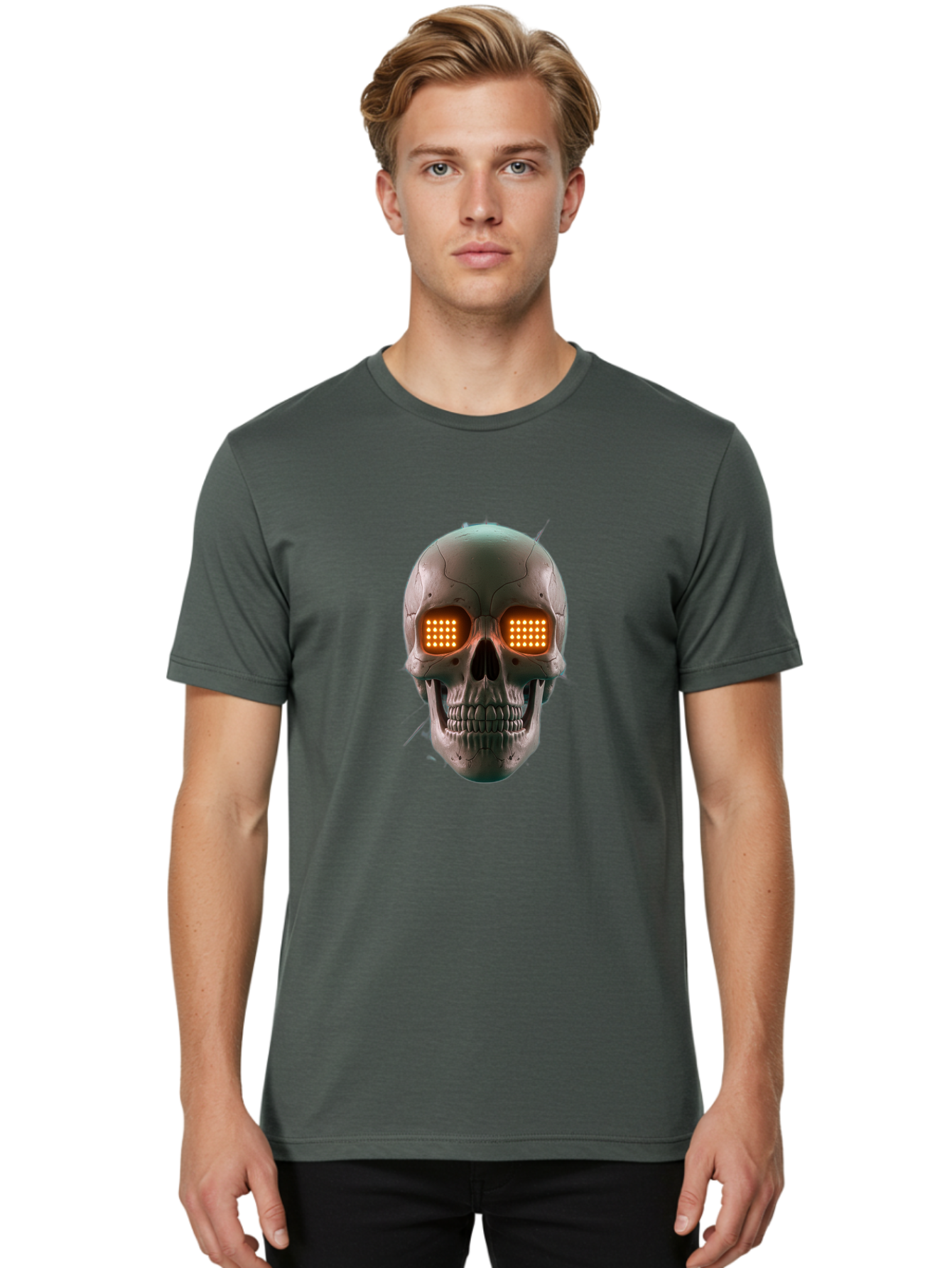 Robot-Skull Men'S Graphic Tee, 100% Cotton, Comfortable Casual Summer Wear, Machine Washable, Cyborg Skull, Robotic Eyes, Futuristic Technology, Sci-Fi Art, Glowing Orange Eyes, Skull Design, Dark Futuristic, Cybernetic Enhancements, Bad496