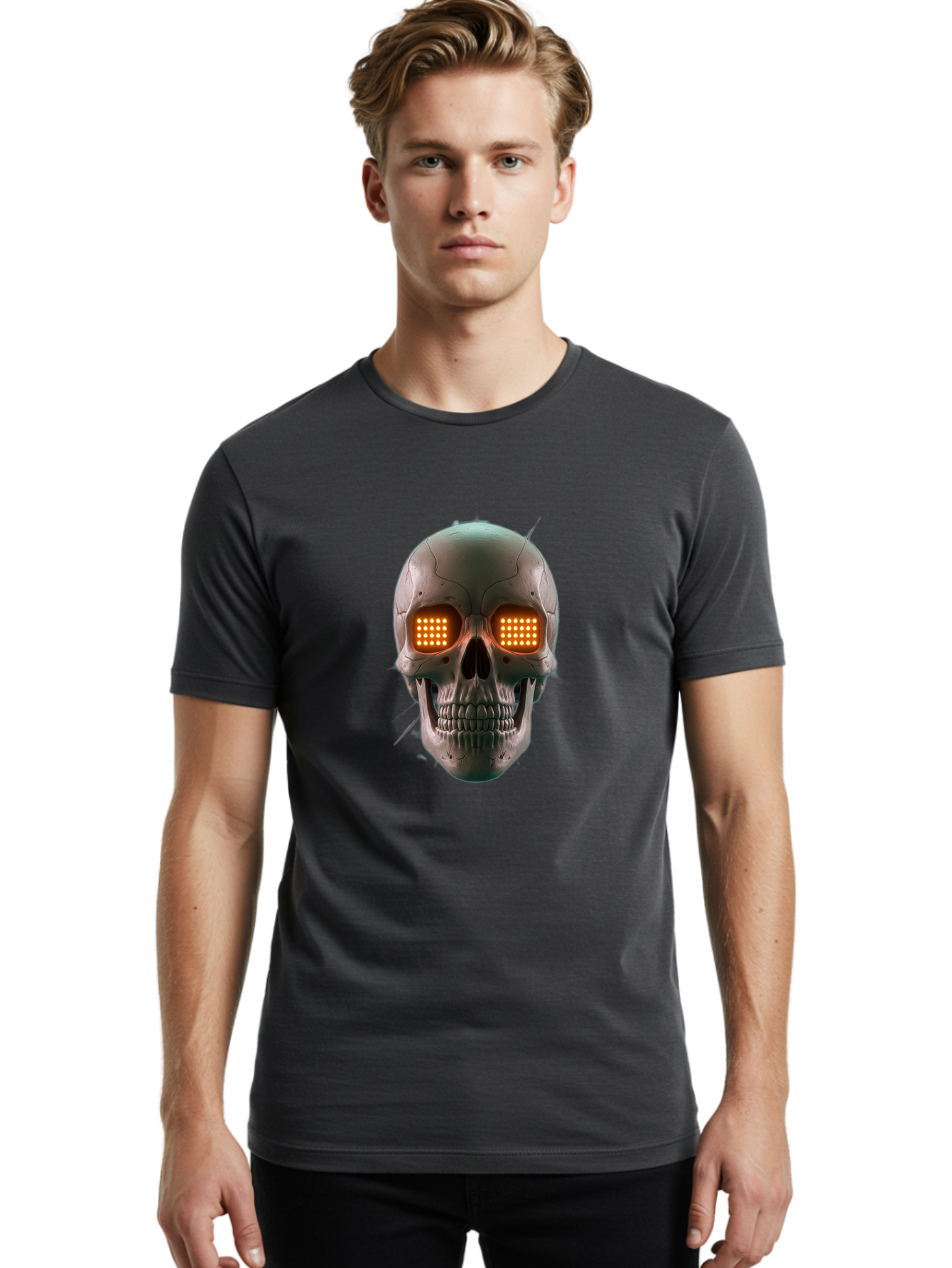 Robot-Skull Men'S Graphic Tee, 100% Cotton, Comfortable Casual Summer Wear, Machine Washable, Cyborg Skull, Robotic Eyes, Futuristic Technology, Sci-Fi Art, Glowing Orange Eyes, Skull Design, Dark Futuristic, Cybernetic Enhancements, Bad496