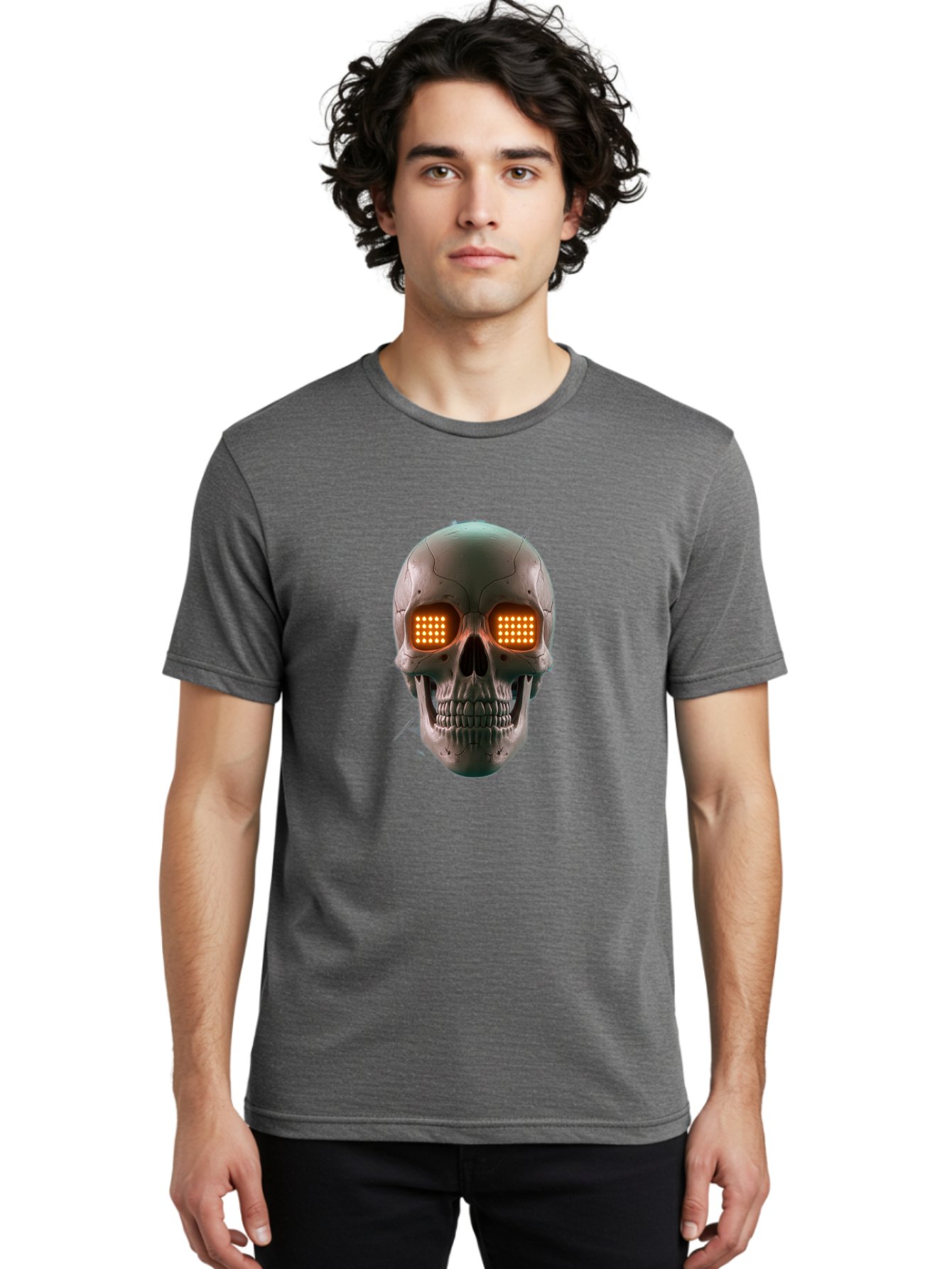 Robot-Skull Men'S Graphic Tee, 100% Cotton, Comfortable Casual Summer Wear, Machine Washable, Cyborg Skull, Robotic Eyes, Futuristic Technology, Sci-Fi Art, Glowing Orange Eyes, Skull Design, Dark Futuristic, Cybernetic Enhancements, Bad496