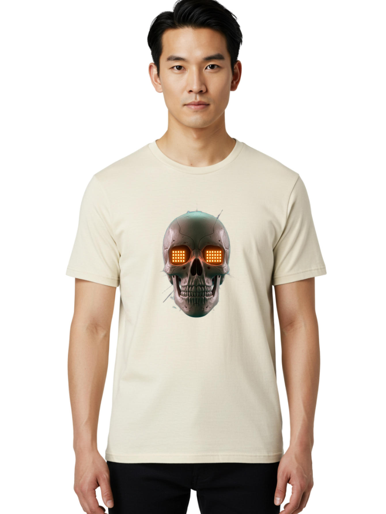 Robot-Skull Men'S Graphic Tee, 100% Cotton, Comfortable Casual Summer Wear, Machine Washable, Cyborg Skull, Robotic Eyes, Futuristic Technology, Sci-Fi Art, Glowing Orange Eyes, Skull Design, Dark Futuristic, Cybernetic Enhancements, Bad496