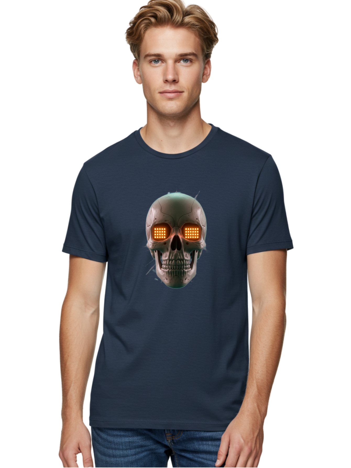 Robot-Skull Men'S Graphic Tee, 100% Cotton, Comfortable Casual Summer Wear, Machine Washable, Cyborg Skull, Robotic Eyes, Futuristic Technology, Sci-Fi Art, Glowing Orange Eyes, Skull Design, Dark Futuristic, Cybernetic Enhancements, Bad496