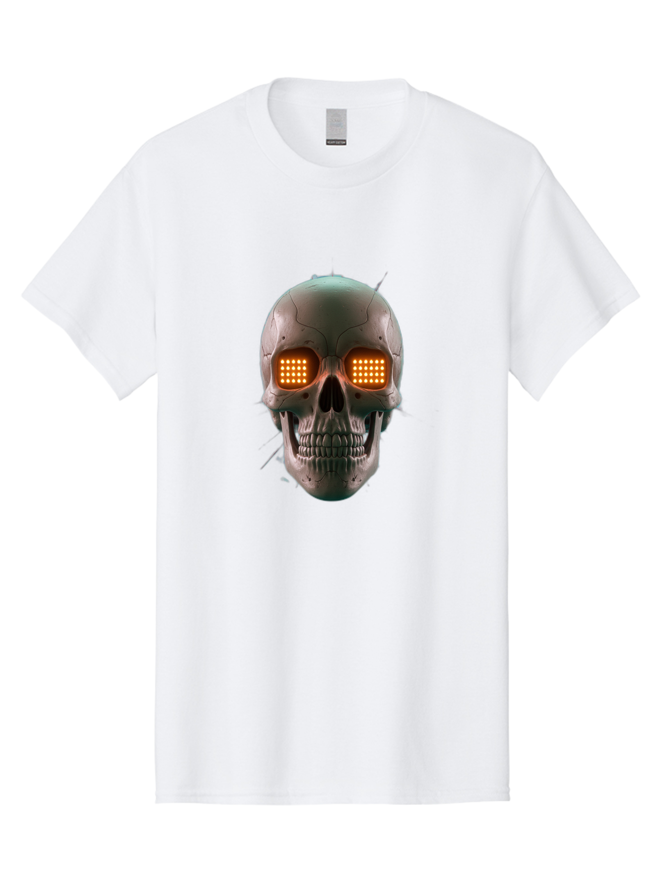 Robot-Skull Men'S Graphic Tee, 100% Cotton, Comfortable Casual Summer Wear, Machine Washable, Cyborg Skull, Robotic Eyes, Futuristic Technology, Sci-Fi Art, Glowing Orange Eyes, Skull Design, Dark Futuristic, Cybernetic Enhancements, Bad496