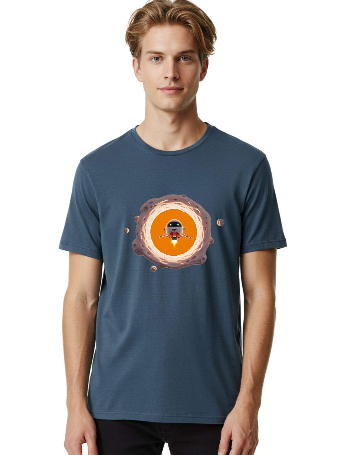 Robot-Spaceship Men'S Graphic Tee, 100% Cotton, Comfortable Casual Summer Wear, Machine Washable, Robot Spaceship Emerging From Crater, Asteroid Field, Robotic Exploration, Space Travel, Futuristic Technology, Sci-Fi Adventure, Cartoon Style Bad497