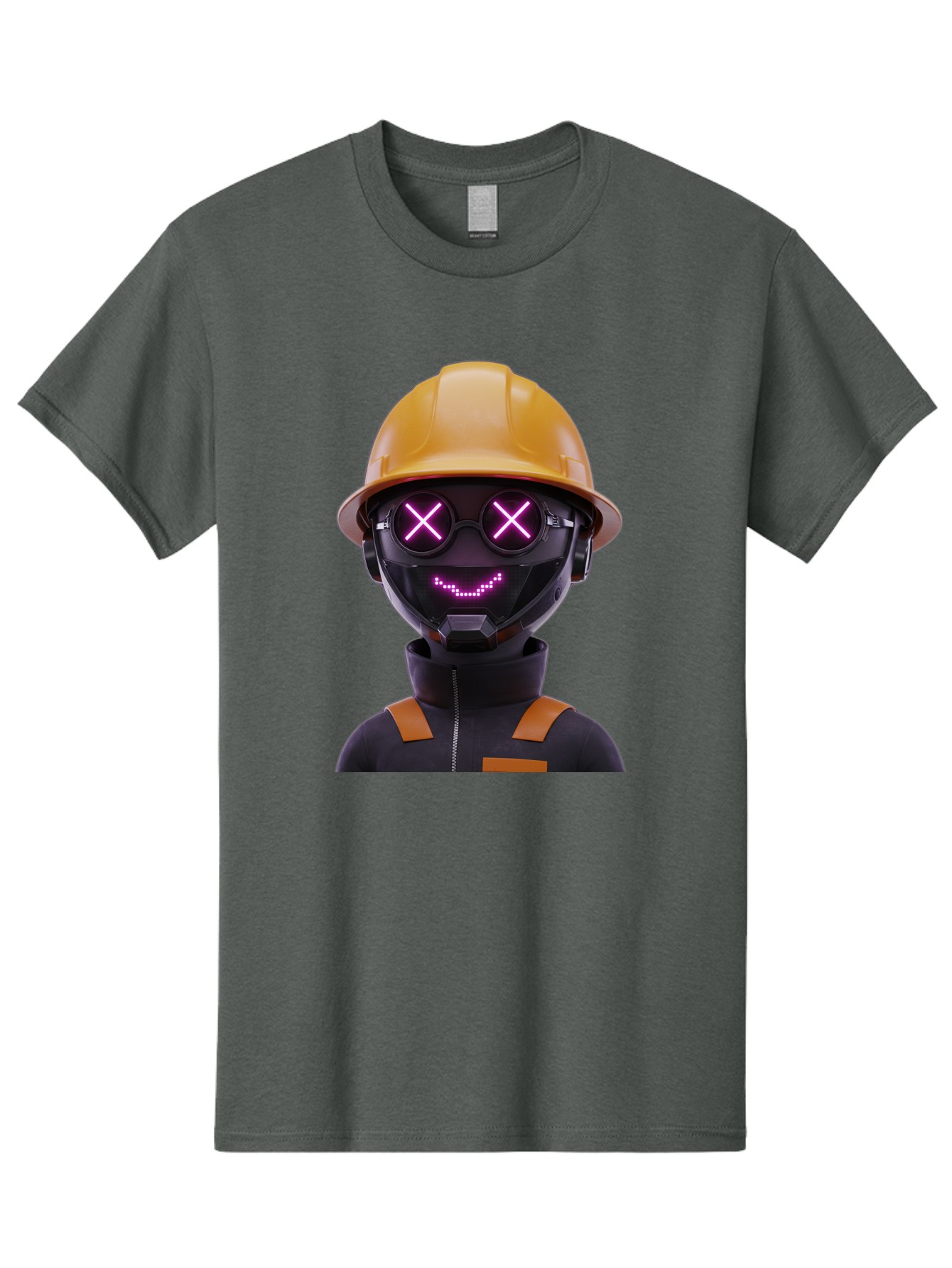 Robot-With-Construction-Hat Men'S Graphic Tee, 100% Cotton, Comfortable Casual Summer Wear, Machine Washable, Robot Character, Futuristic Design, Yellow Hard Hat, Neon Purple Eyes With X, Smiling Face, Black And Orange Jumpsuit, Bad498