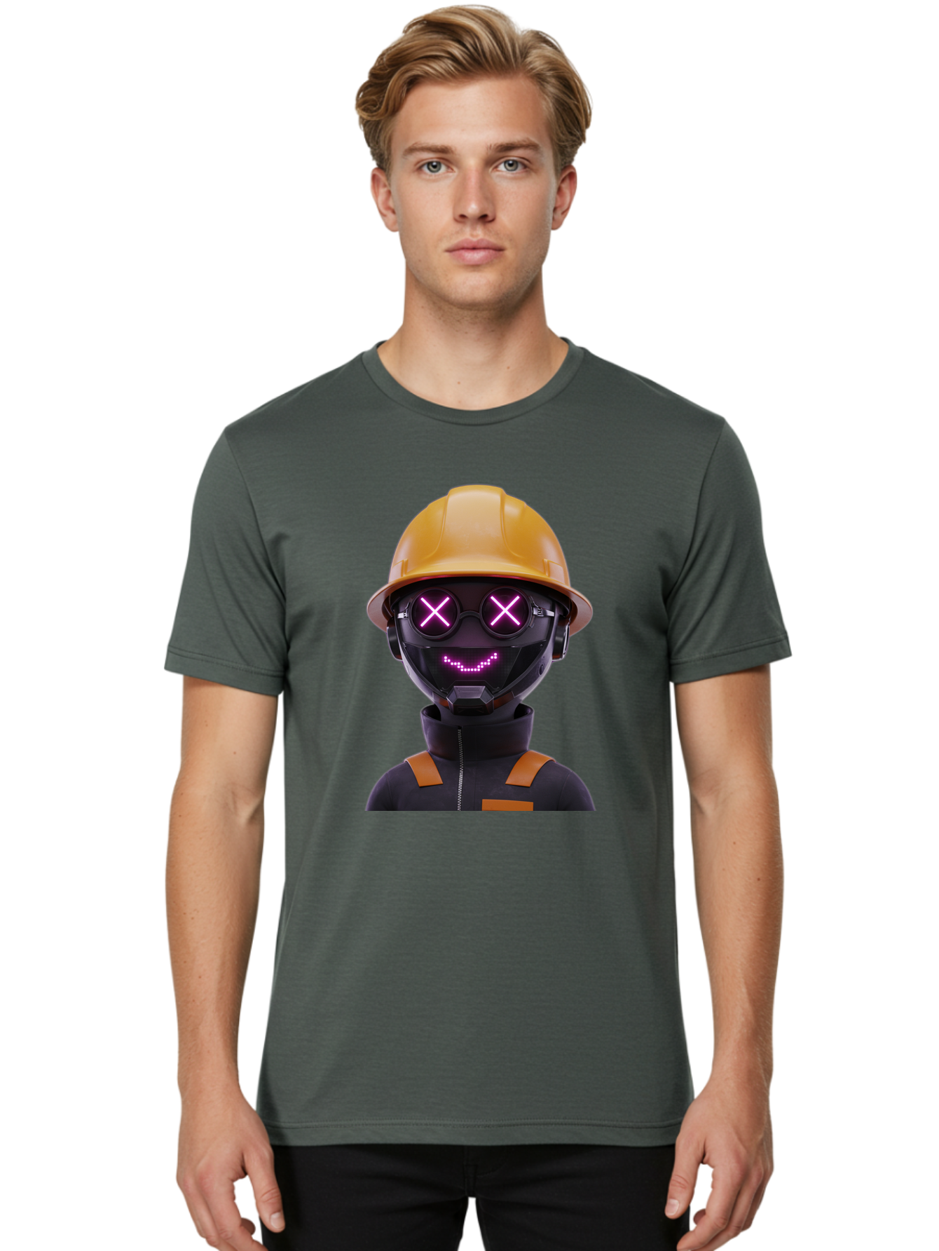 Robot-With-Construction-Hat Men'S Graphic Tee, 100% Cotton, Comfortable Casual Summer Wear, Machine Washable, Robot Character, Futuristic Design, Yellow Hard Hat, Neon Purple Eyes With X, Smiling Face, Black And Orange Jumpsuit, Bad498