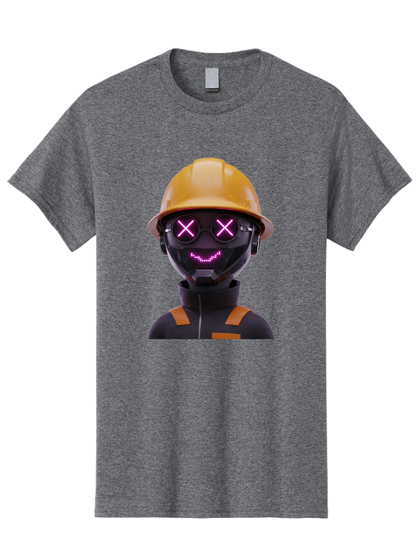Robot-With-Construction-Hat Men'S Graphic Tee, 100% Cotton, Comfortable Casual Summer Wear, Machine Washable, Robot Character, Futuristic Design, Yellow Hard Hat, Neon Purple Eyes With X, Smiling Face, Black And Orange Jumpsuit, Bad498