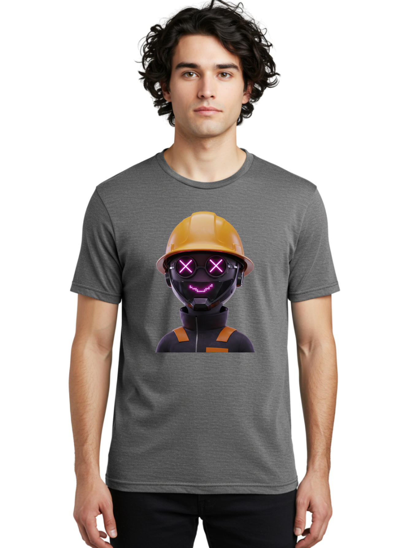 Robot-With-Construction-Hat Men'S Graphic Tee, 100% Cotton, Comfortable Casual Summer Wear, Machine Washable, Robot Character, Futuristic Design, Yellow Hard Hat, Neon Purple Eyes With X, Smiling Face, Black And Orange Jumpsuit, Bad498