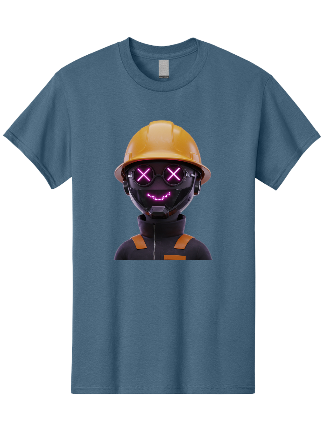 Robot-With-Construction-Hat Men'S Graphic Tee, 100% Cotton, Comfortable Casual Summer Wear, Machine Washable, Robot Character, Futuristic Design, Yellow Hard Hat, Neon Purple Eyes With X, Smiling Face, Black And Orange Jumpsuit, Bad498