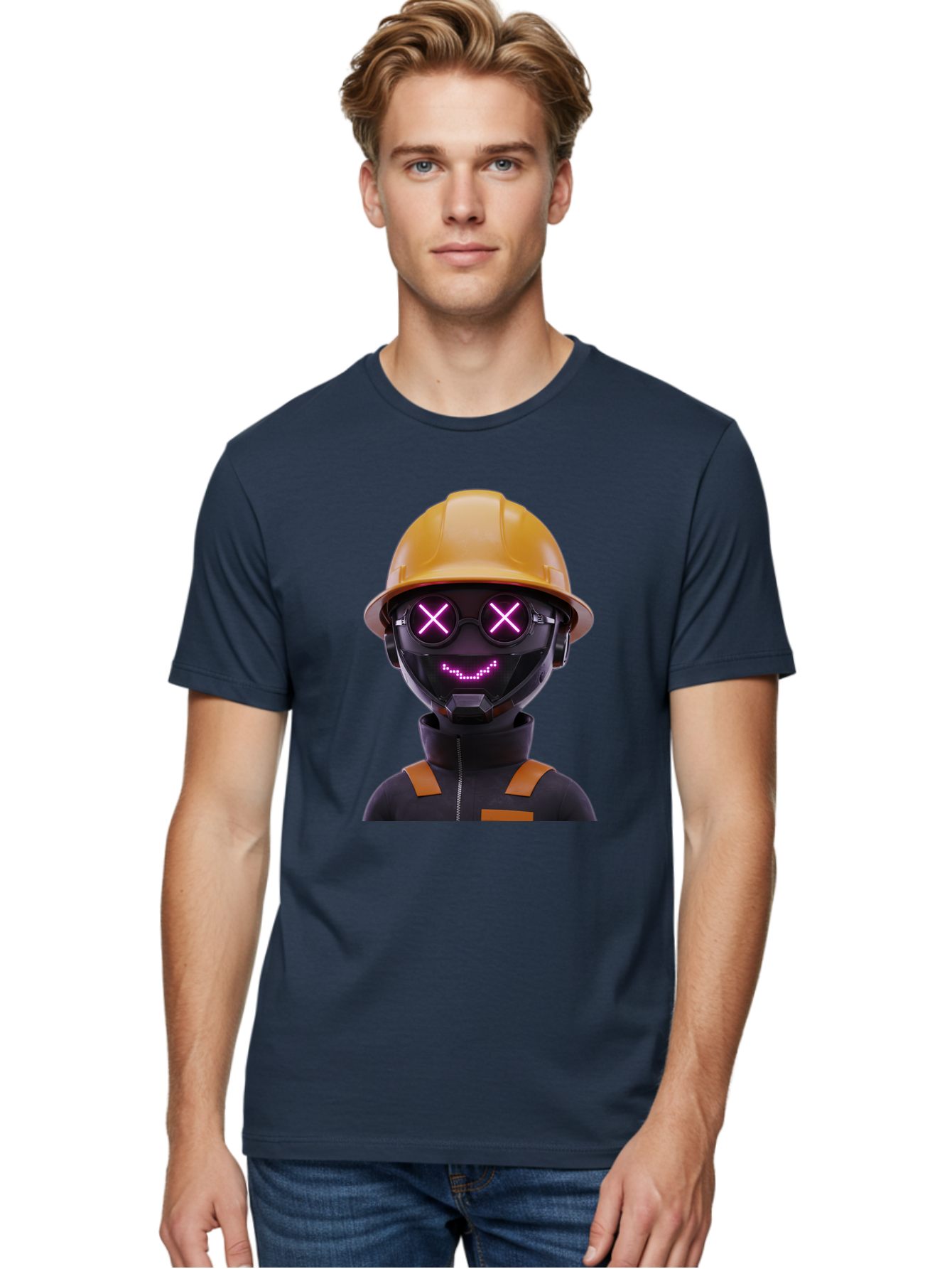 Robot-With-Construction-Hat Men'S Graphic Tee, 100% Cotton, Comfortable Casual Summer Wear, Machine Washable, Robot Character, Futuristic Design, Yellow Hard Hat, Neon Purple Eyes With X, Smiling Face, Black And Orange Jumpsuit, Bad498