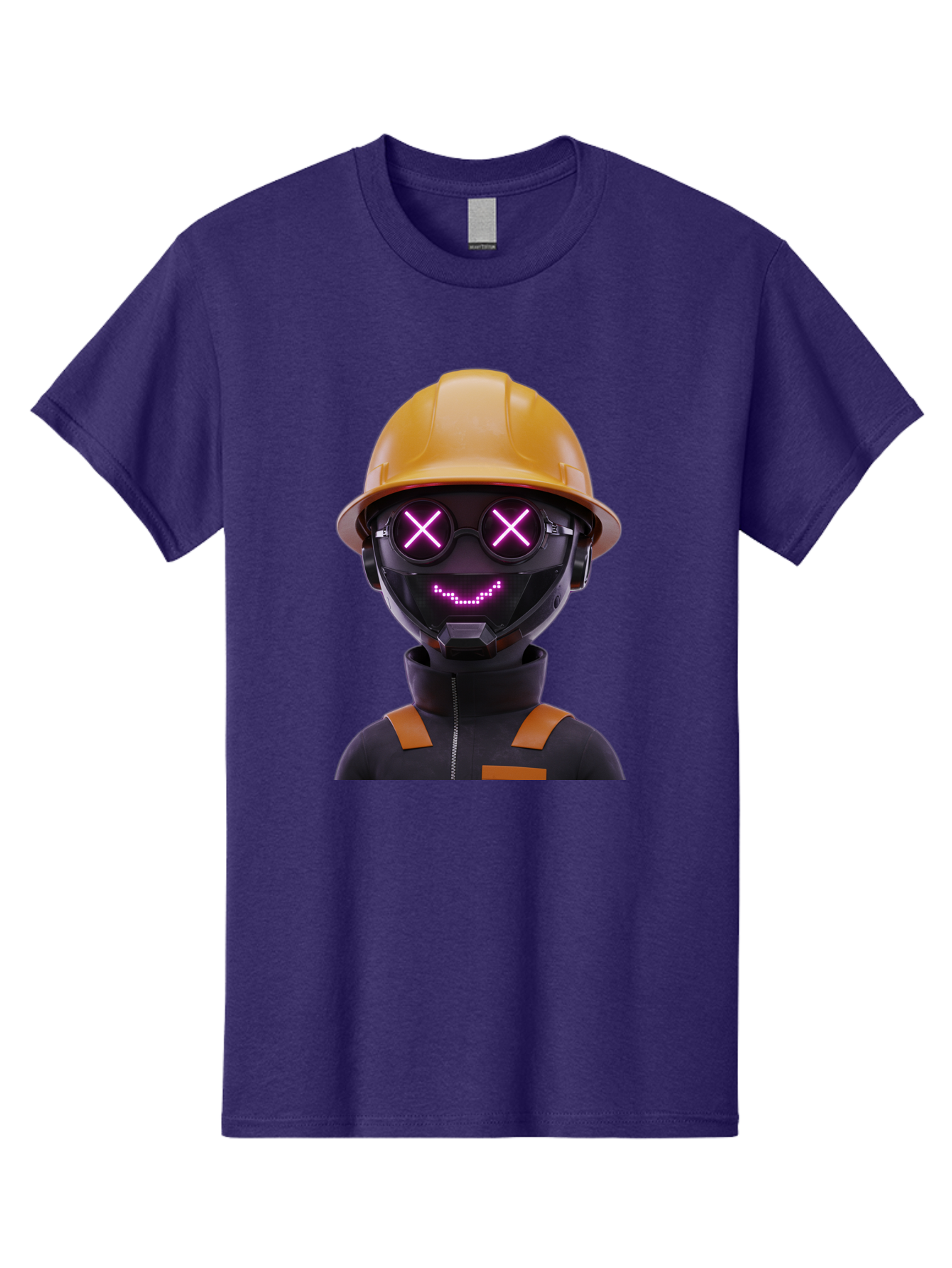 Robot-With-Construction-Hat Men'S Graphic Tee, 100% Cotton, Comfortable Casual Summer Wear, Machine Washable, Robot Character, Futuristic Design, Yellow Hard Hat, Neon Purple Eyes With X, Smiling Face, Black And Orange Jumpsuit, Bad498