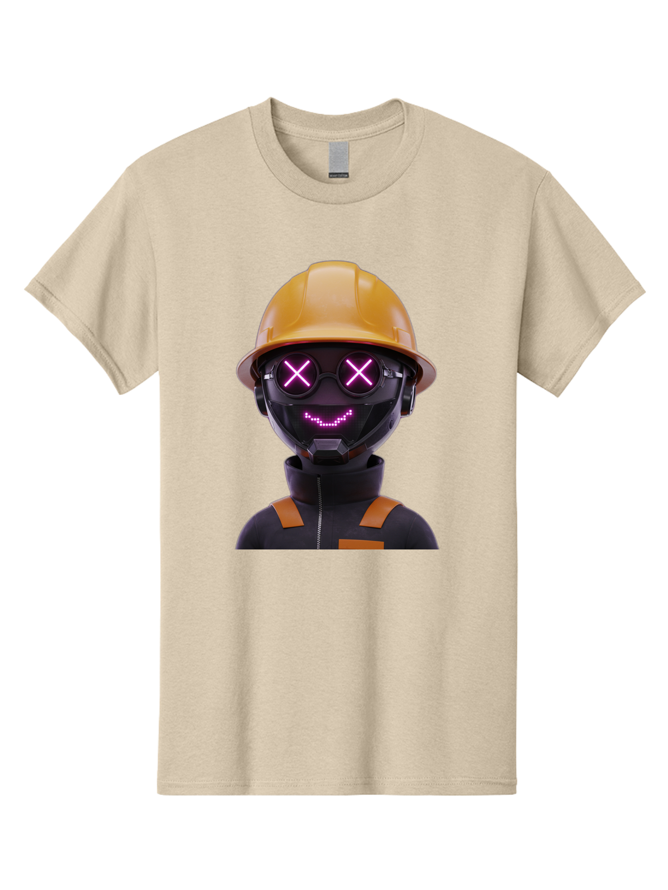Robot-With-Construction-Hat Men'S Graphic Tee, 100% Cotton, Comfortable Casual Summer Wear, Machine Washable, Robot Character, Futuristic Design, Yellow Hard Hat, Neon Purple Eyes With X, Smiling Face, Black And Orange Jumpsuit, Bad498